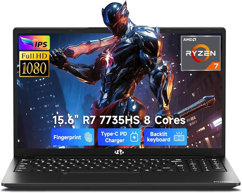 NIMO Gaming Laptop, 15.6" FHD Laptop with AMD R7 7735HS (8 Cores, Up to 4.75GHz), 16GB DDR5 256GB SSD Laptop for Business & Student, Radeon 680M, 100W Type-C, 180° Viewing, Backlit KB, Dual Fans