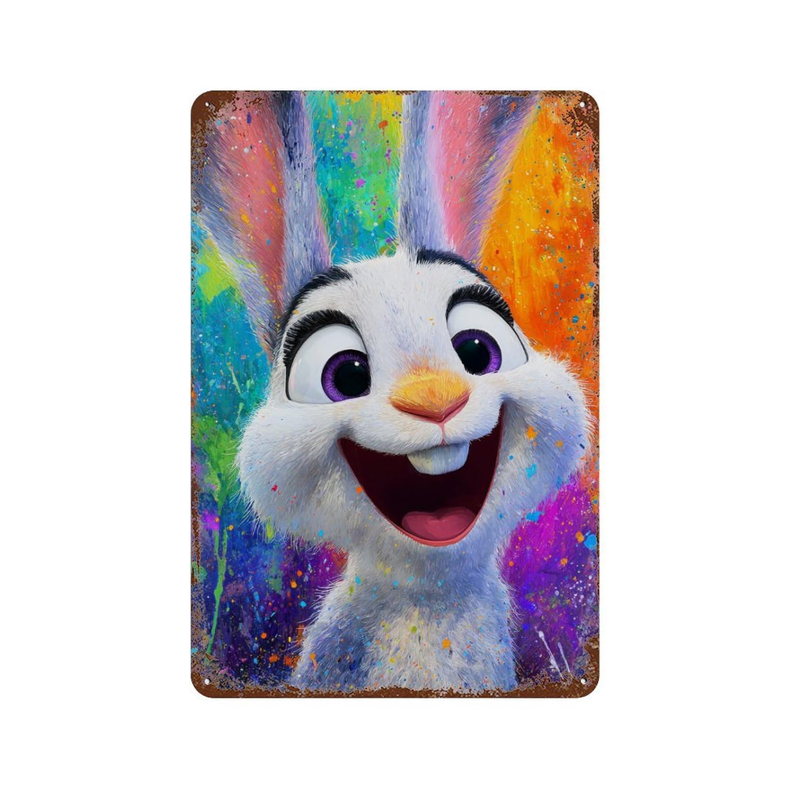 Rust Effect Colorful Bunny Painting Artwork Rusty Metal Tin Sign 11.8"x7.9", Farmhouse Wall Decor for Cafe, Home Bar And Lounge Decor