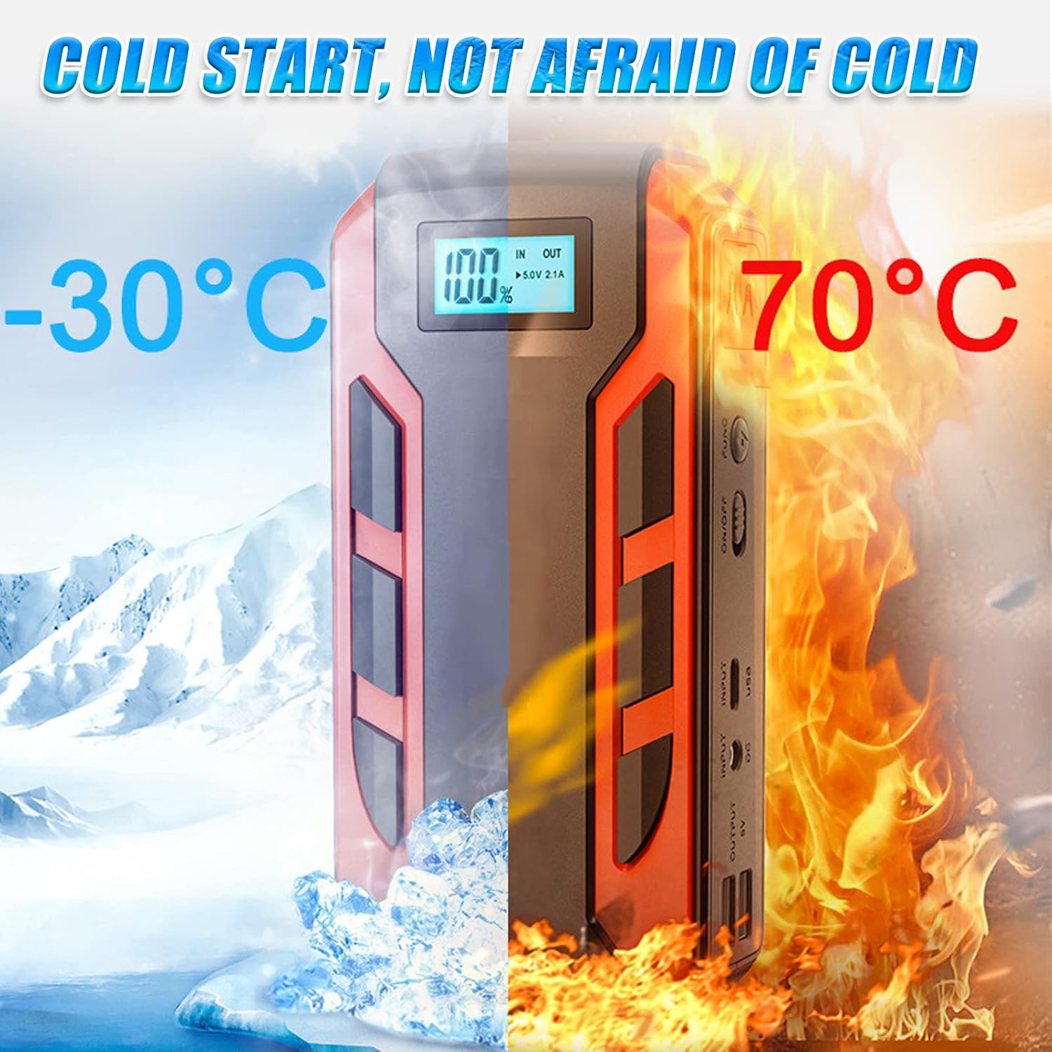 Fockety Car Jump Starter operating in extreme temperatures, from -30°C to 70°C