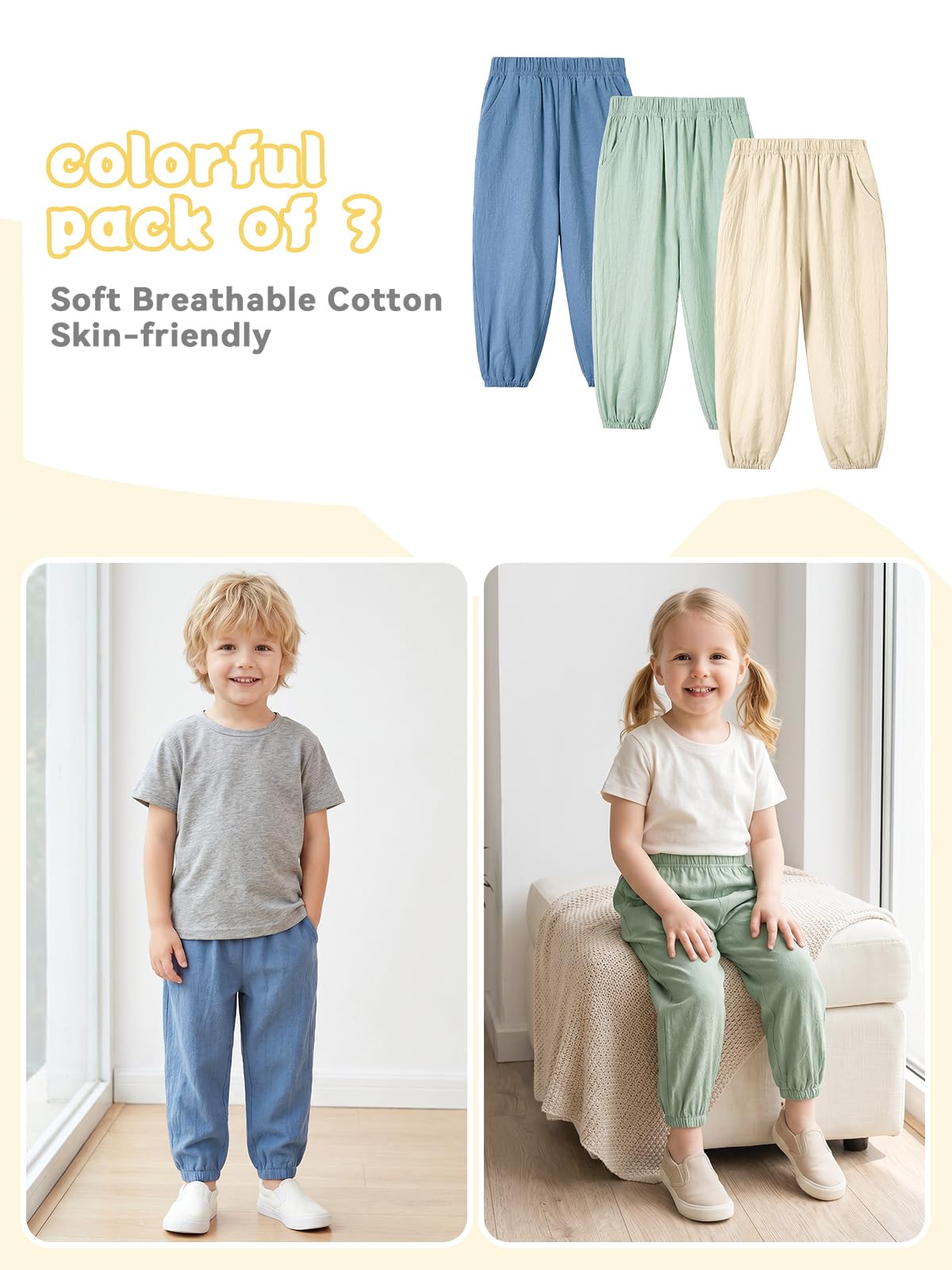 Miipat Pantalon de Bébé Fille 3 Pièces Pantalon Long Décontracté pour Garçon Doux pour L'été avec Taille Élastique Pantalons Unisexe pour Enfant en Bas Âge