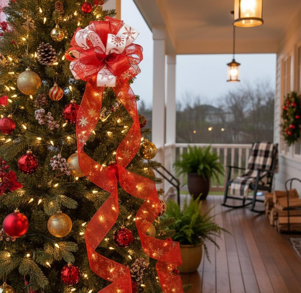 Christmas Tree Topper Bow - Bow: 11" sq. - Tails: 3 Yards Long Each - Red Snowflake - Image 2