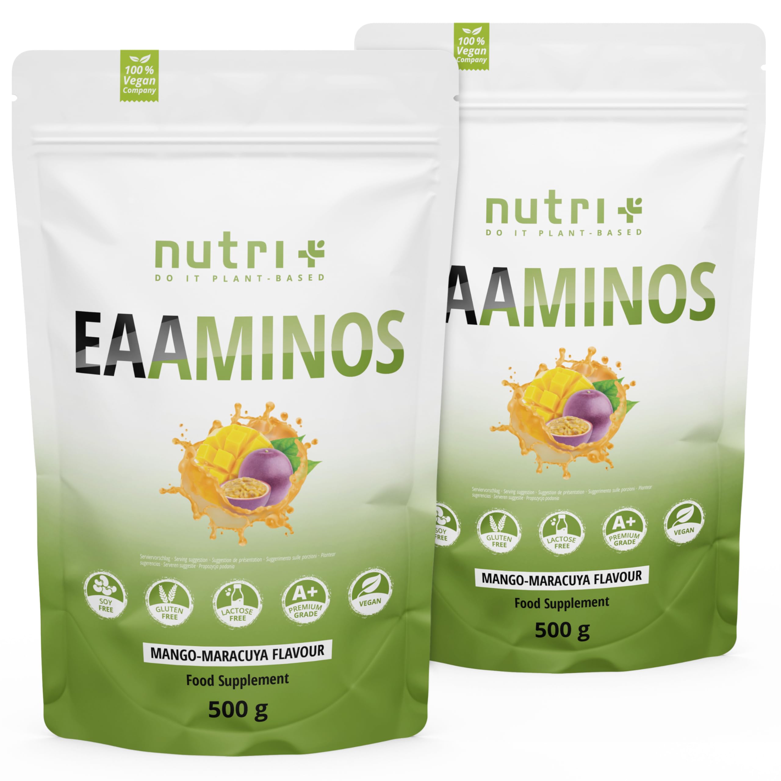 Nutri + EAA Vegani in Polvere Aminoacidi essenziali 500 g Plant based – Fermentazione vegetale – ideali pre intra post Workout - Mango & Passion Fruit