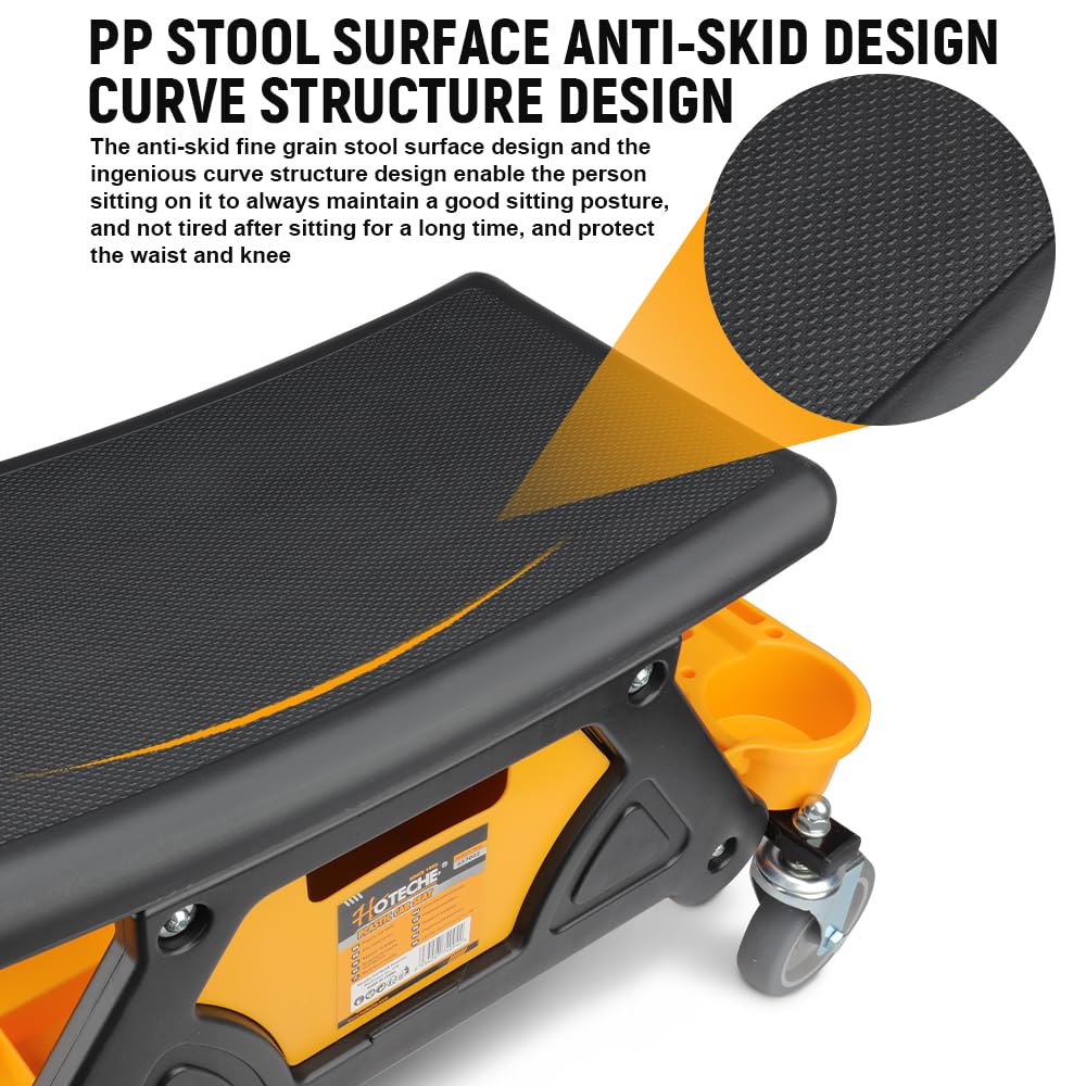 Hoteche Taburete de Taller Taburete de plástico para reparación de automóviles | Diseño de PP Negro con cajón y Compartimento para Herramientas Amarillo | 650x250x380mm | 6,16 kg de Peso