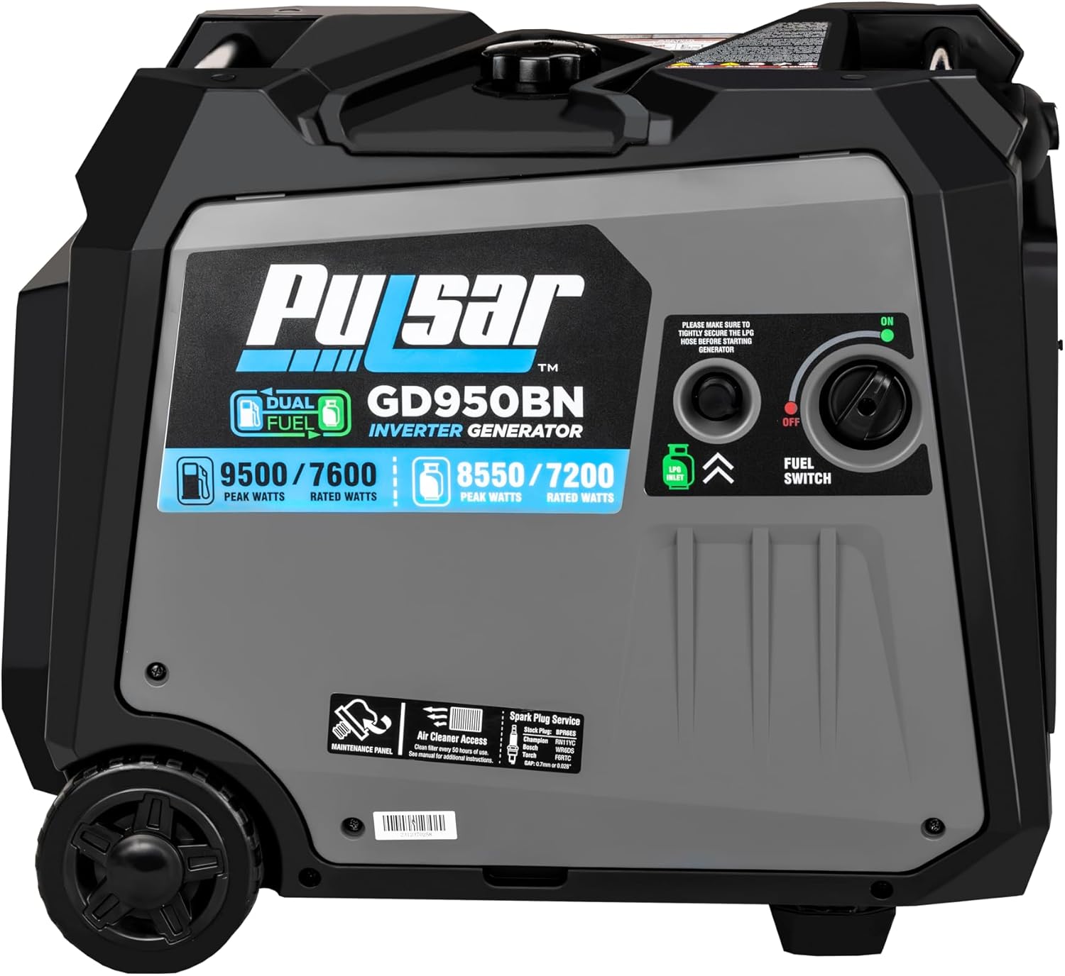 lateral view of Pulsar GD950BN Inverter Generator showing fuel switch and maintenance access