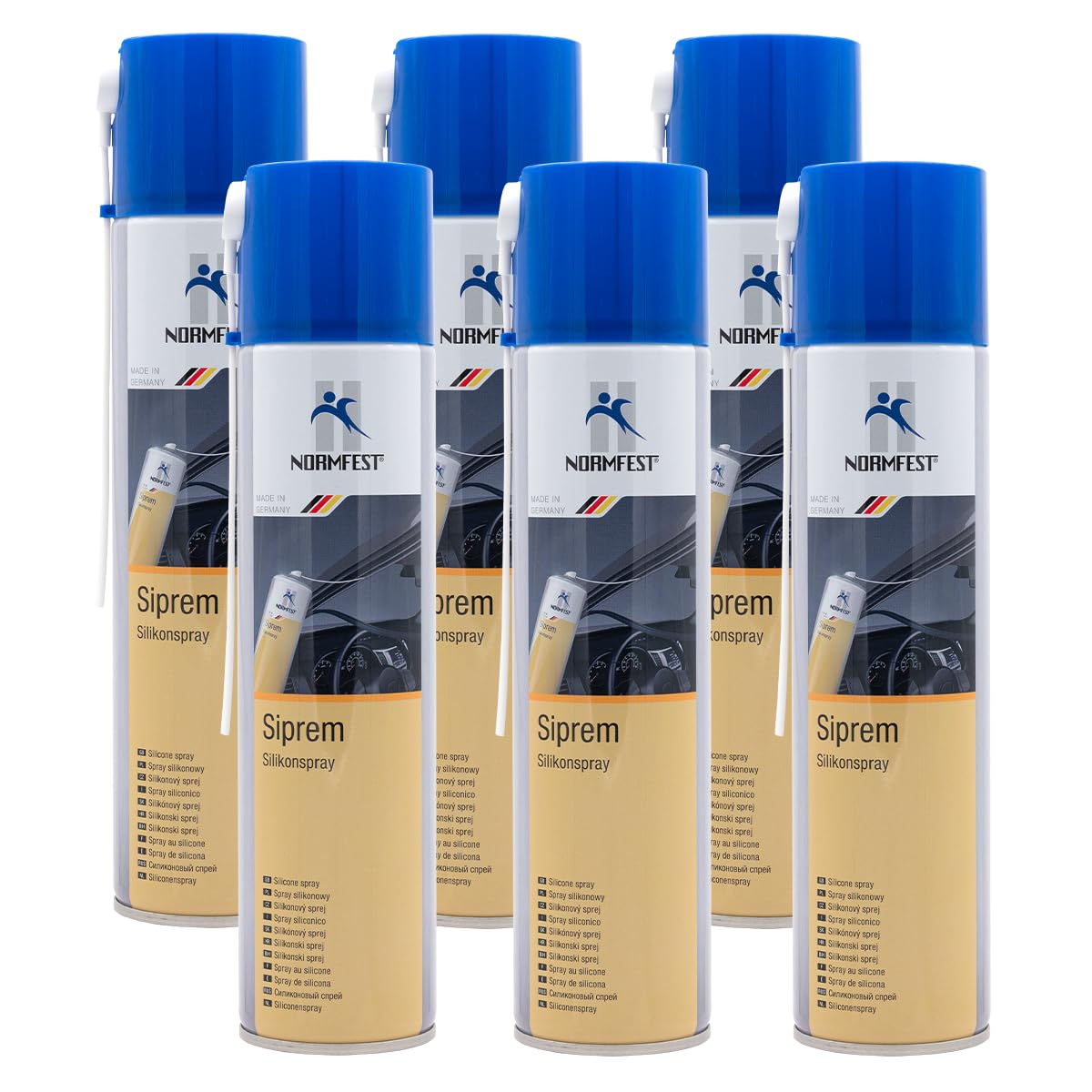 Normfest Siprem – Premium Silikonspray für Kunststoff & Gummi, Gleitmittel & Pflege, antistatisch, wasserabweisend, temperaturbeständig bis +250 °C, Geräuschreduzierung, 6x 400 ml