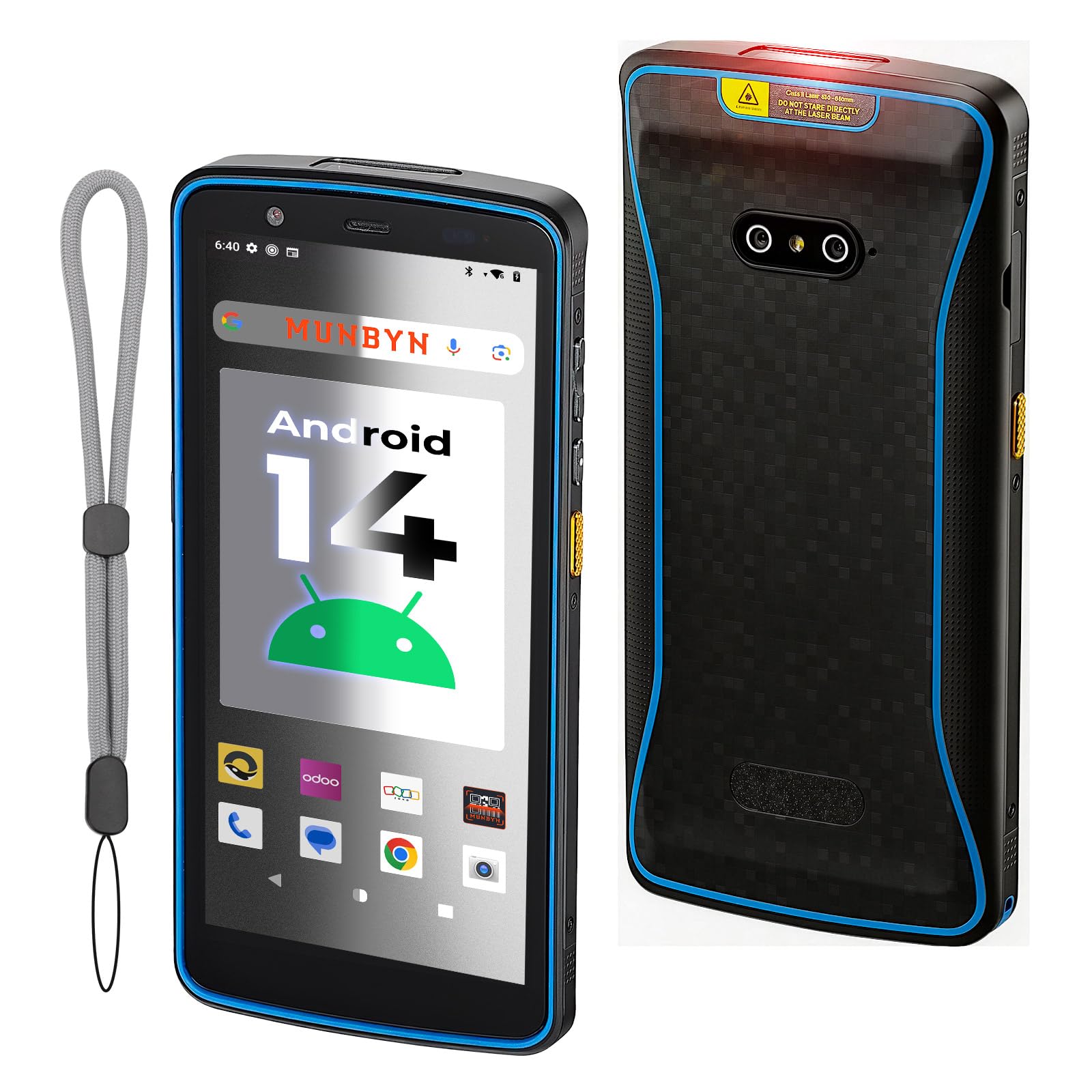 [Android 14] MUNBYN Scanner PDA, 5.7" écran Tactile, Lecteur de Code-Barres 1D/2D QR,Terminal de paiement Portable,4+64G,IP67, Wi-FI 4G BT,pour Entrepôt,Logistique,Retail,Gestion de Stock Odoo Zoho