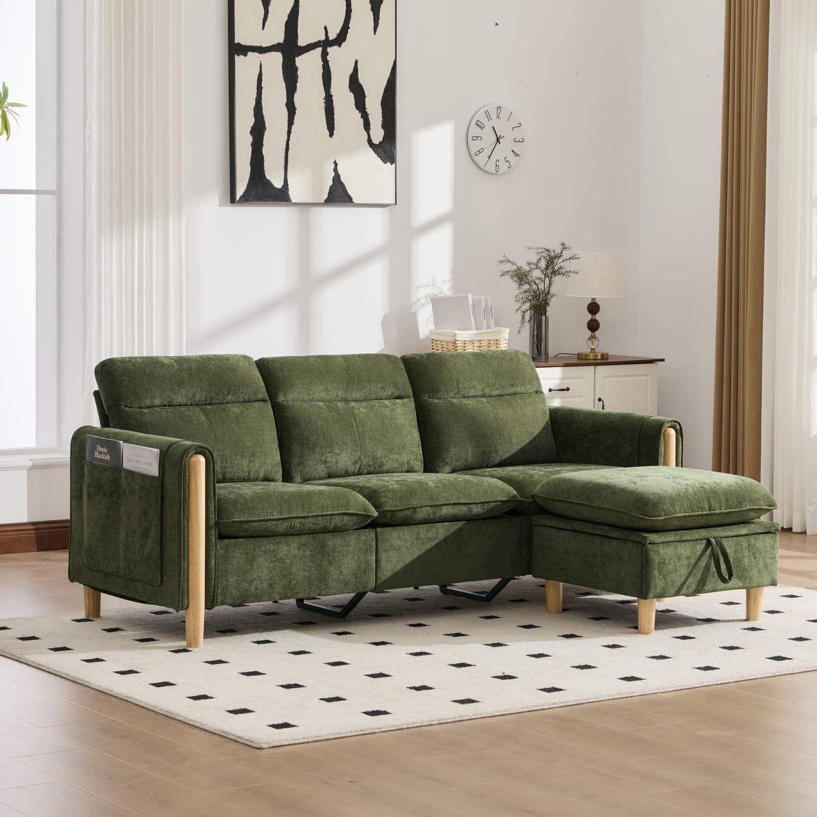 EURHCIO Canapé d'angle en L,canapé 3 Places avec 1 Pouf Rangement (Vert-3)