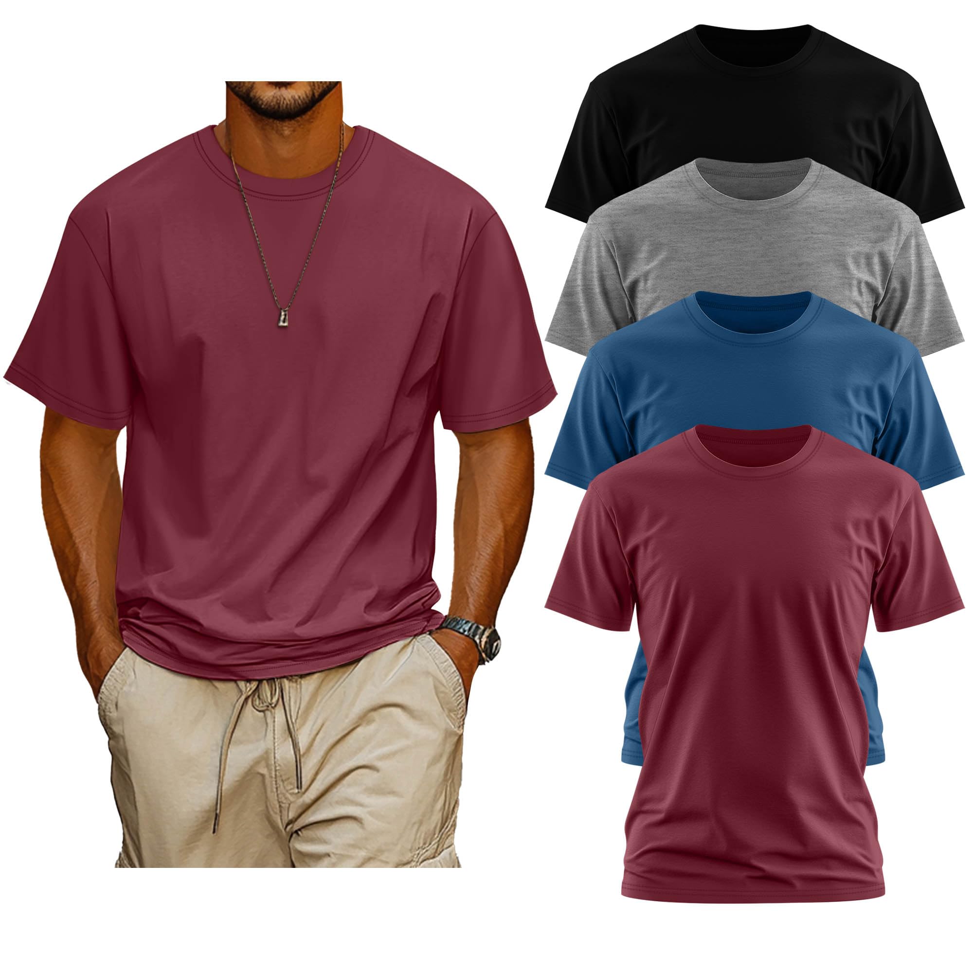 Neer Pack de 4 T-Shirts Homme Grandes Tailles Coton d'Été, Manches Courtes, Col Rond, Haut Décontracté Oversize Basic