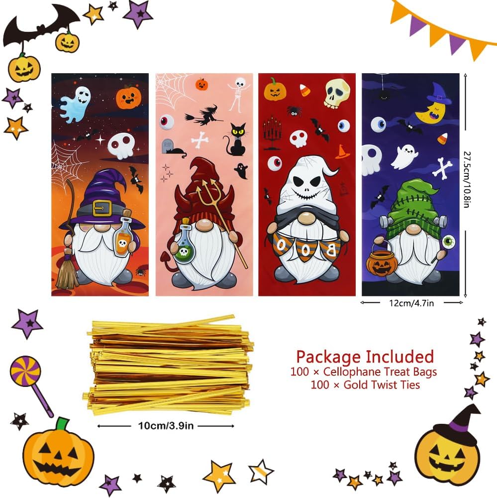 Halloween Party Favor Gift Bag with Twist Ties,100 Pcs Halloween Gnome Cellophane Treat Bags Skull Pumpkin Spider Bat Ghost Candies Goodie Plastic Bags for Cookie Chocolate Snack Gift Packing image 2