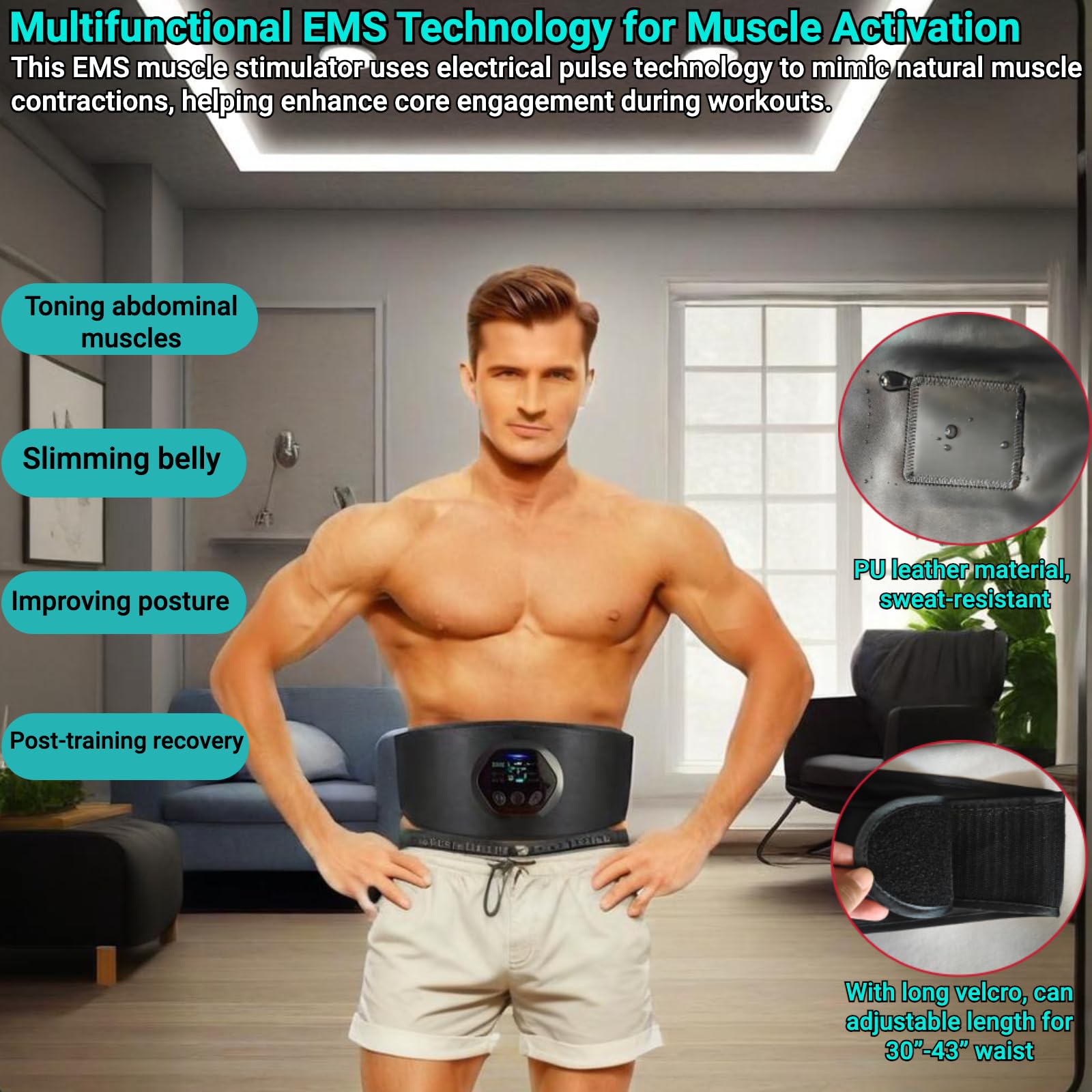 Estimulador Muscular EMS - Cinturón Abdominal Portátil con 6 Modos/18 Niveles para Hombres y Mujeres, Recargable por USB, Dispositivo de Tonificación y Entrenador de ABS con Pantalla Digital
