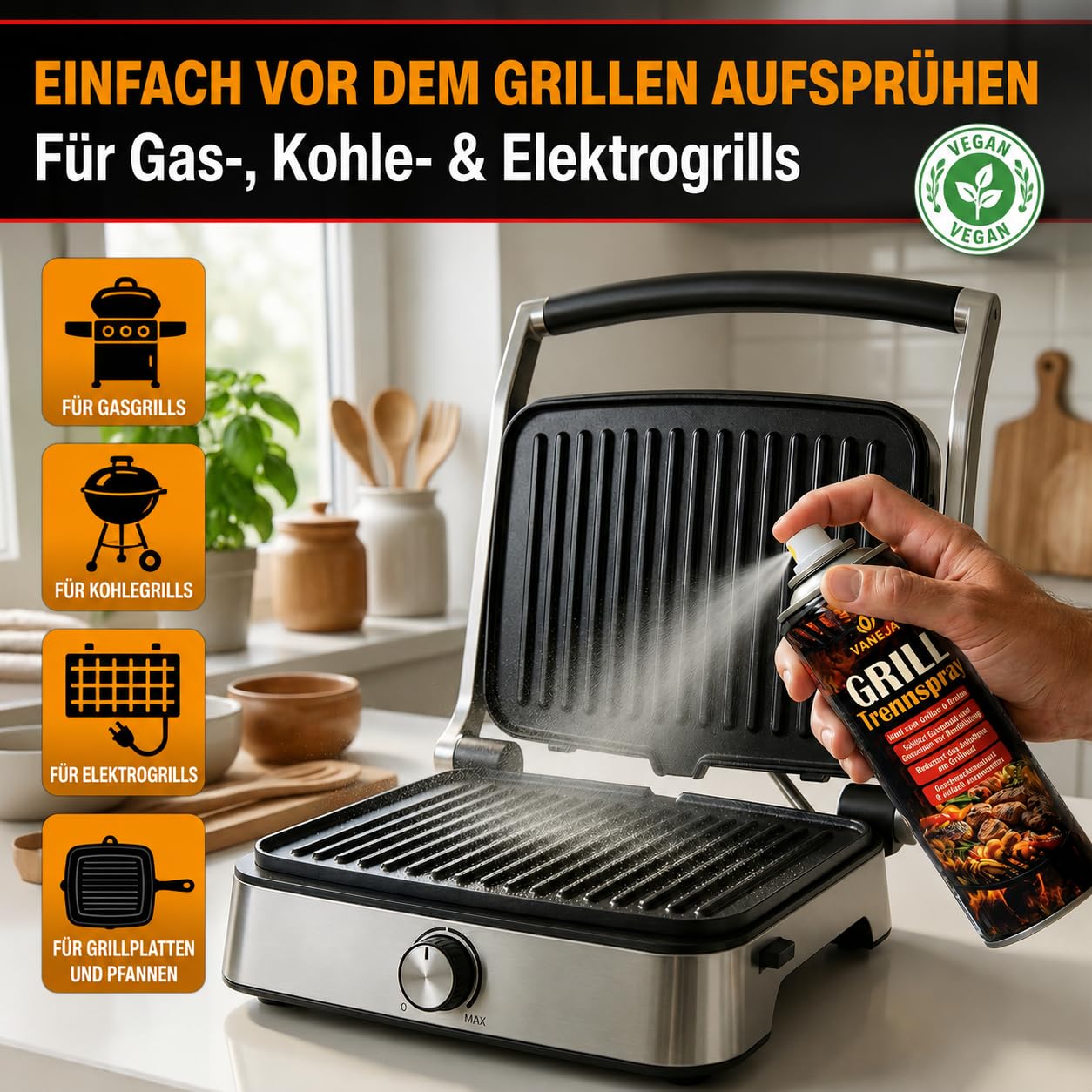 VANEJA Trennspray Grill 4 x 200 ml – Fetttrennspray & Backtrennspray | Trennspray, Grill Spray & Grillspray für Grillrost, Gasgrill, Gusseisen, Plancha & Grillplatte – Made in Germany