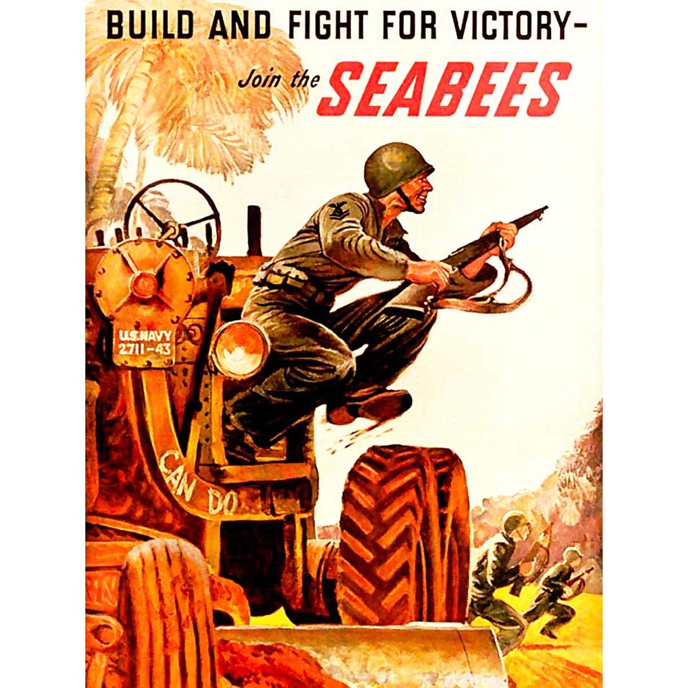 Wee Blue Coo War WWII USA Build Fight Victory Seabees Soldier Gun Tractor Art Print Poster Wall Decor 12X16 Inch