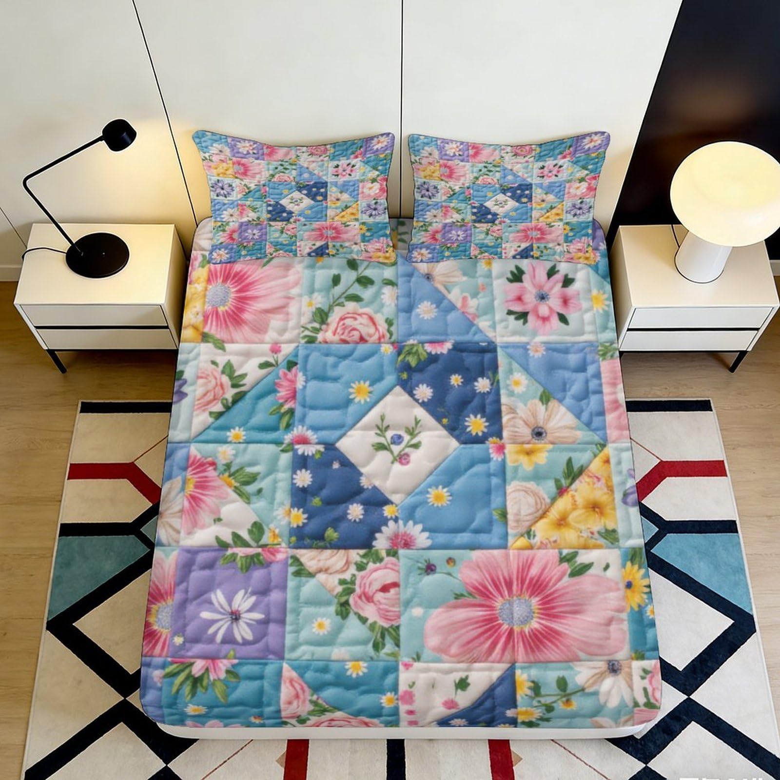 3D Printed Patchwork Floral Fitted Sheet Microfiber Soft Decorative Pastel Quilt Bed Cover for Bedroom Guest Room Mattress Protection 90x200x25cm