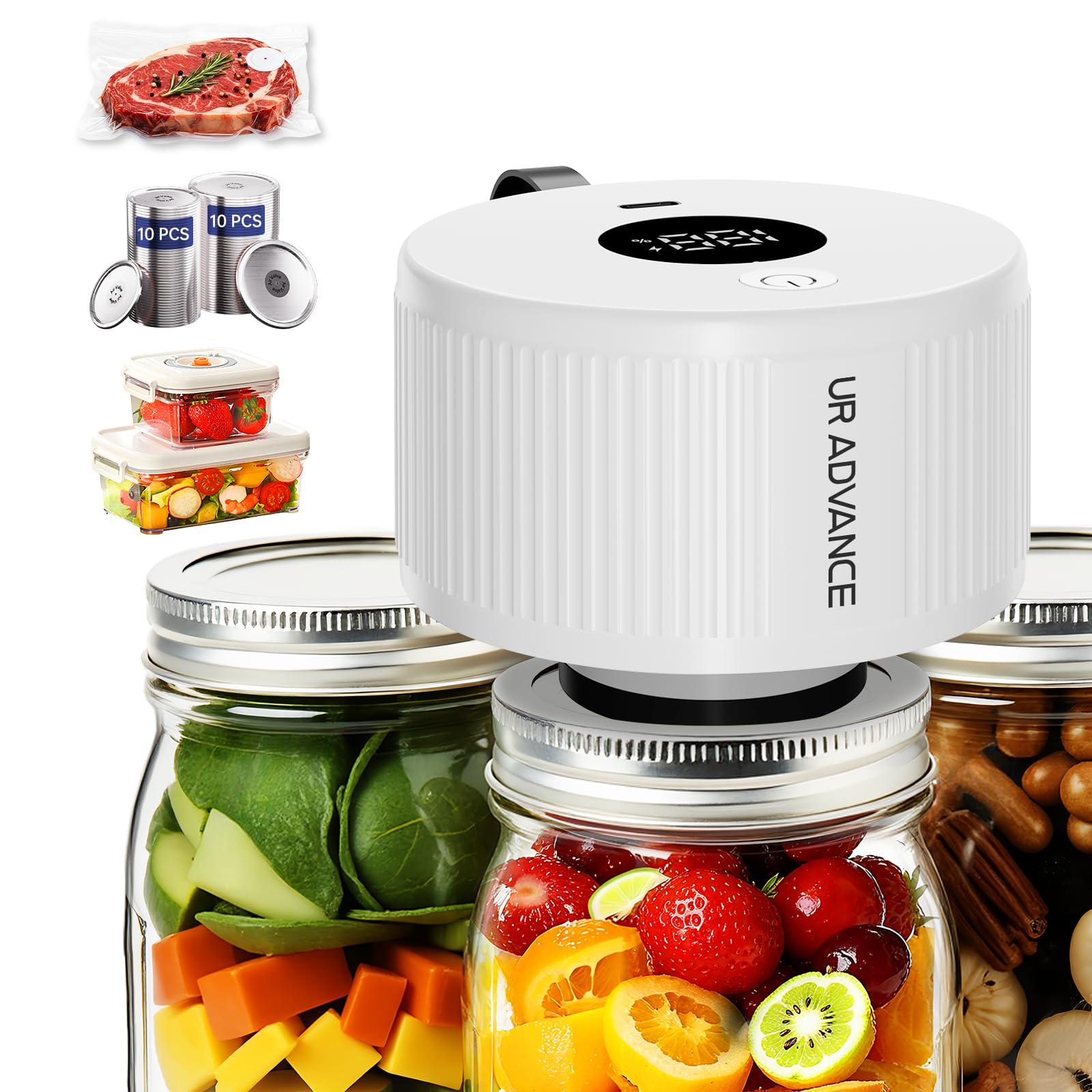 Upgraded 3-in-1 Electric Mason Jar Vacuum Sealer Kit for Jars, Bags, Food Savers &amp; Containers | Auto-Stop Jar Sealer with Wide &amp; Regular Mouth Canning Lids for Dry Foods, Jams &amp; Leftovers​