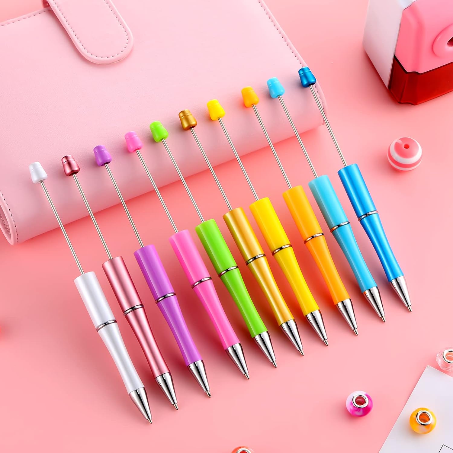 120 Pieces Plastic Beadable Pen Bead Ballpoint Assorted Shaft Black Ink Rollerball Pen with Extra Refills for Kids Students Office School Supplies (Fresh Colors)