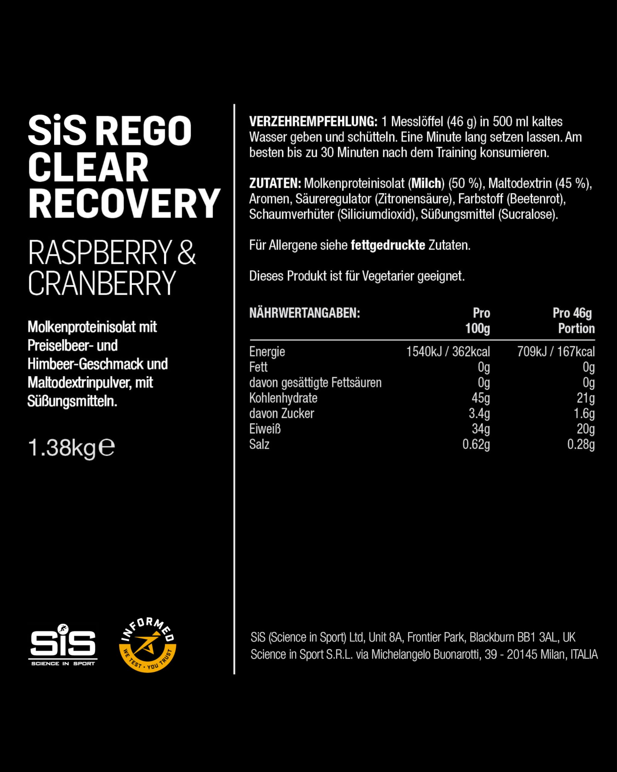 SIS Powder Rego Clear RASP & Cranberry, 1,38 kg