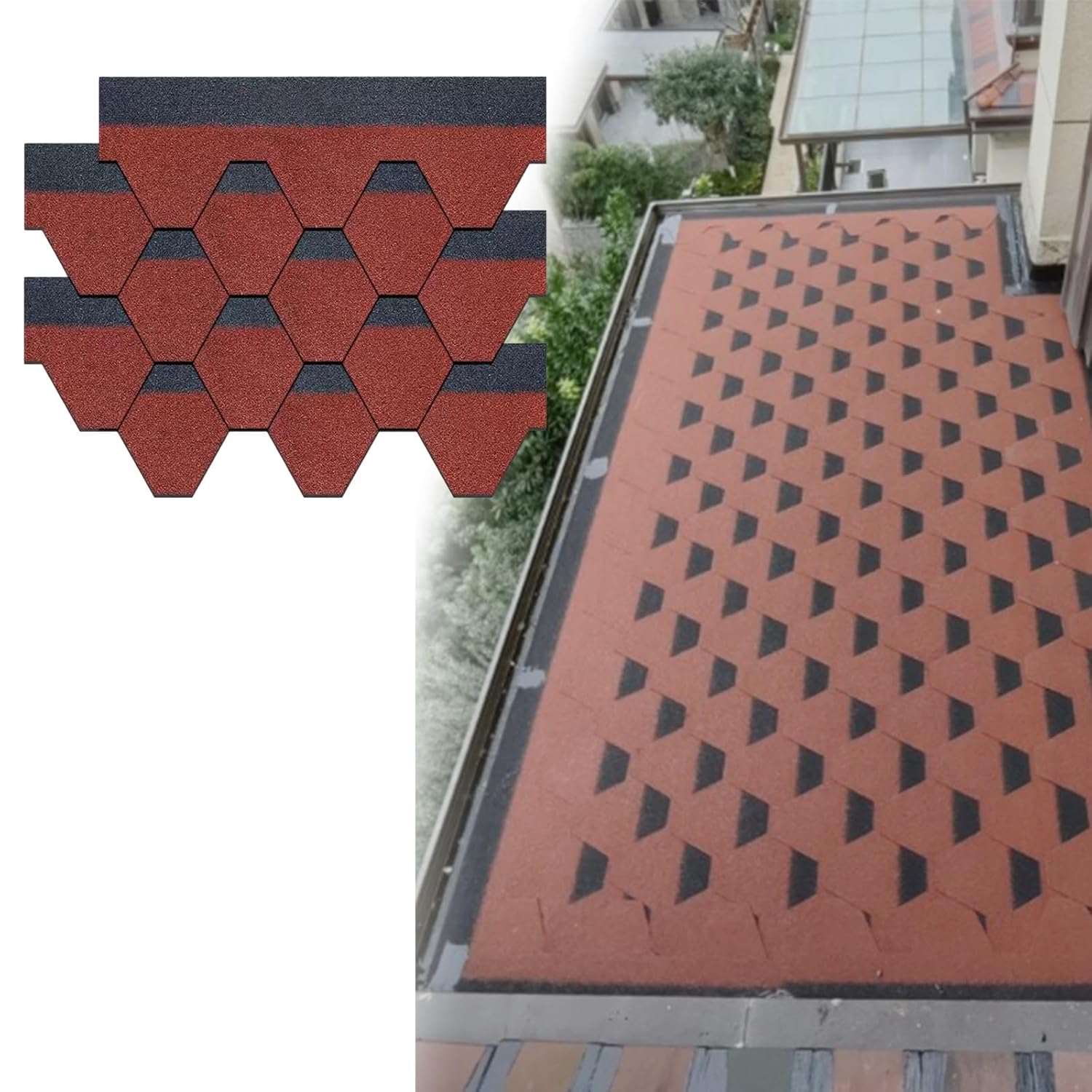 Double Layer Asphalt Roof Shingles, Red Roofing Shingles for Balconies Roof Renovation, Concrete Slopes, Pergola Garages Shed, Gazebo, Shed, Outdoor Storage, Chicken Coop, Patio(105pcs)