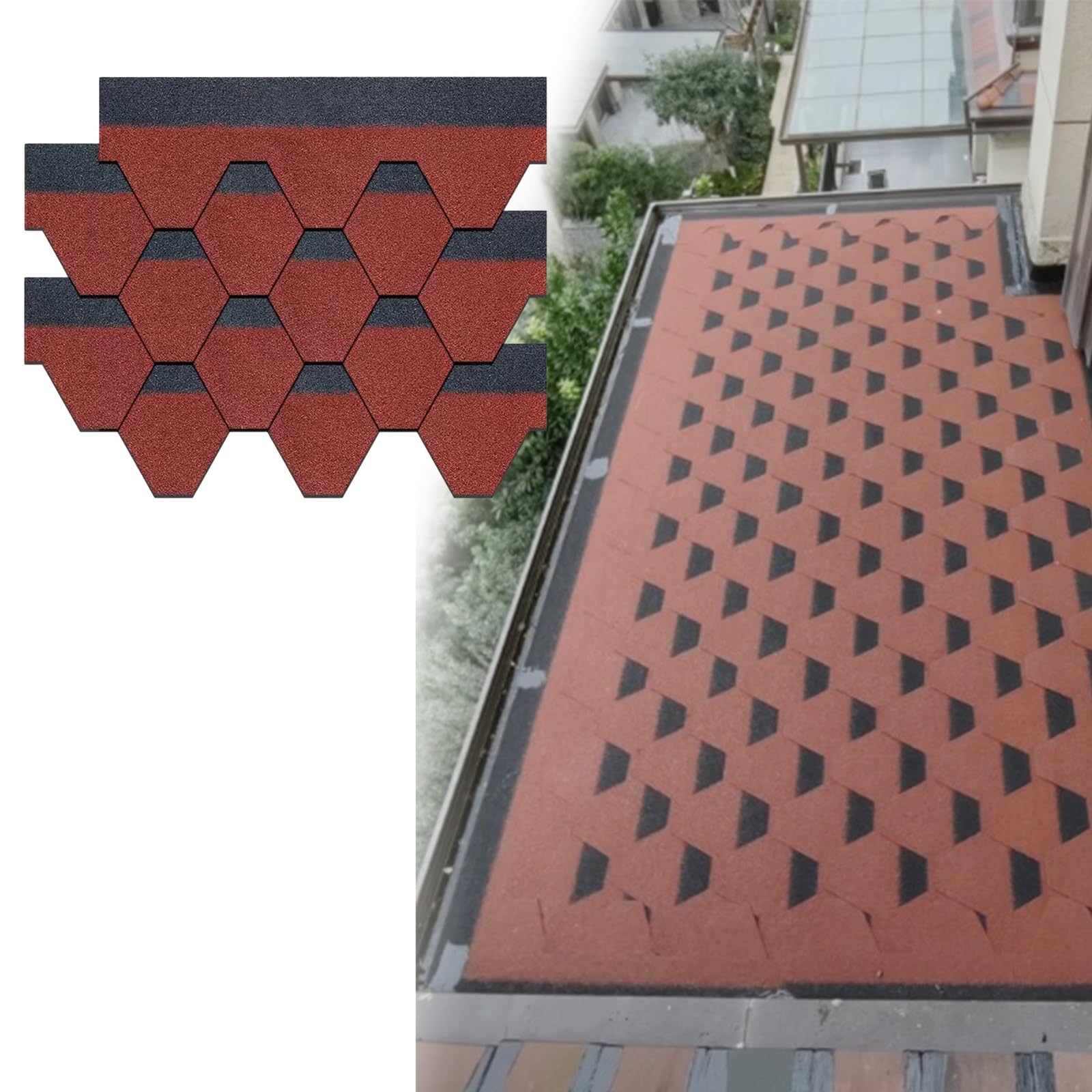 Tegole per tetto in asfalto rosso a doppio strato per balconi, gazebo, capannoni e terrazzi, soluzione impermeabile durevole (42 pezzi)