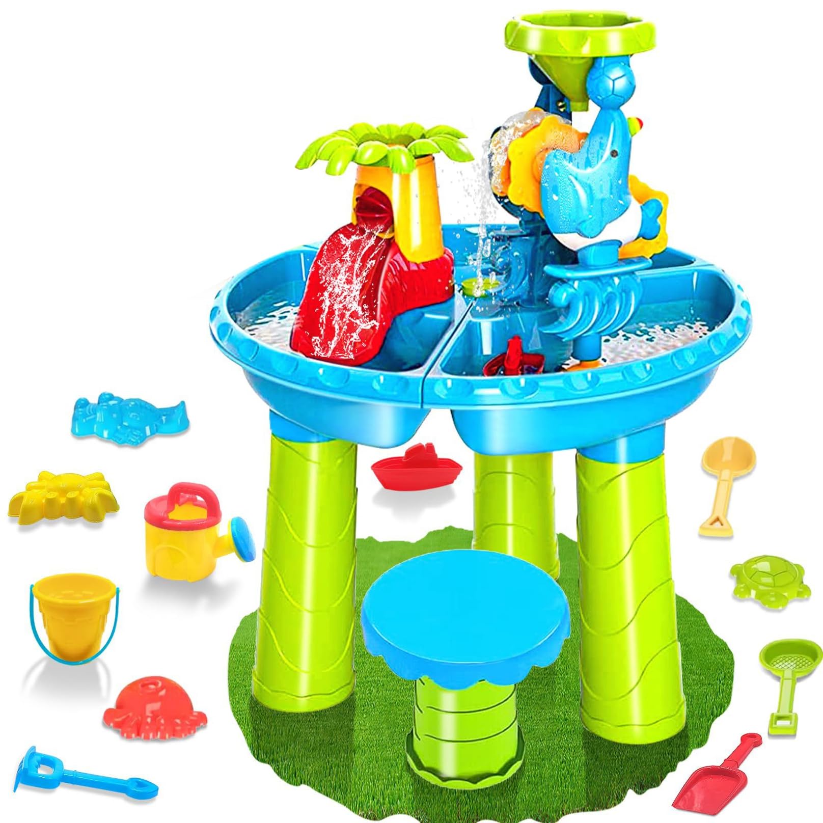 Mesa de agua para niños, mesa de juegos de agua y arena 3 en 1 con moldes de animales, pala, paleta, rastrillo de mano, cubo, banco y más para juguetes de verano, playa, piscina, patio trasero jueg