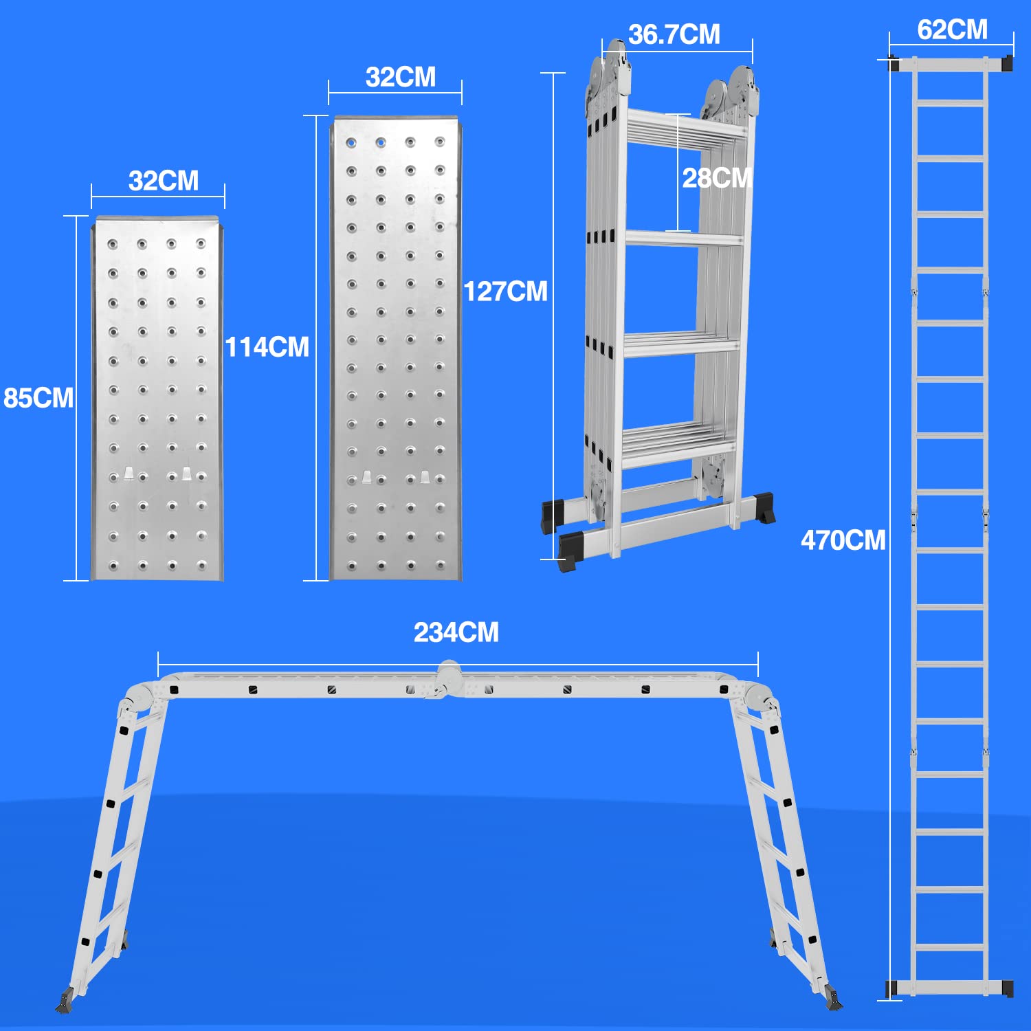 Escalera multiusos de 4 x 4 peldaños, 4,7 m, de aluminio, con 2 placas de andamio y 2 ruedas, escalera plegable para el hogar, 16 peldaños, carga máxima de 150 kg