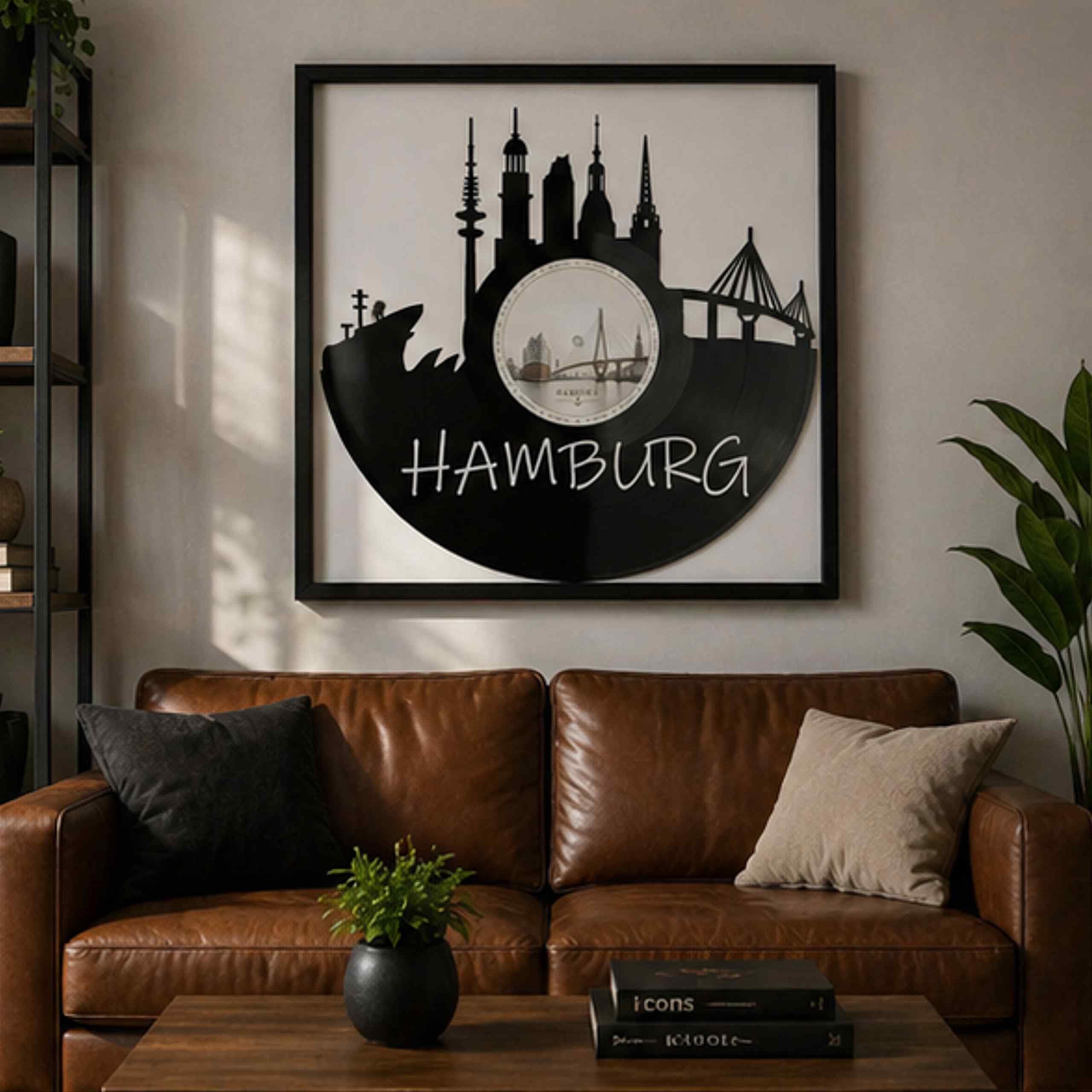 EVEVO Dekoracja ścienna z płyty gramofonowej w ramie 32 x 32 cm Hamburg – winylowa sztuka ścienna, prezent dla fanów Hamburga i podróżników