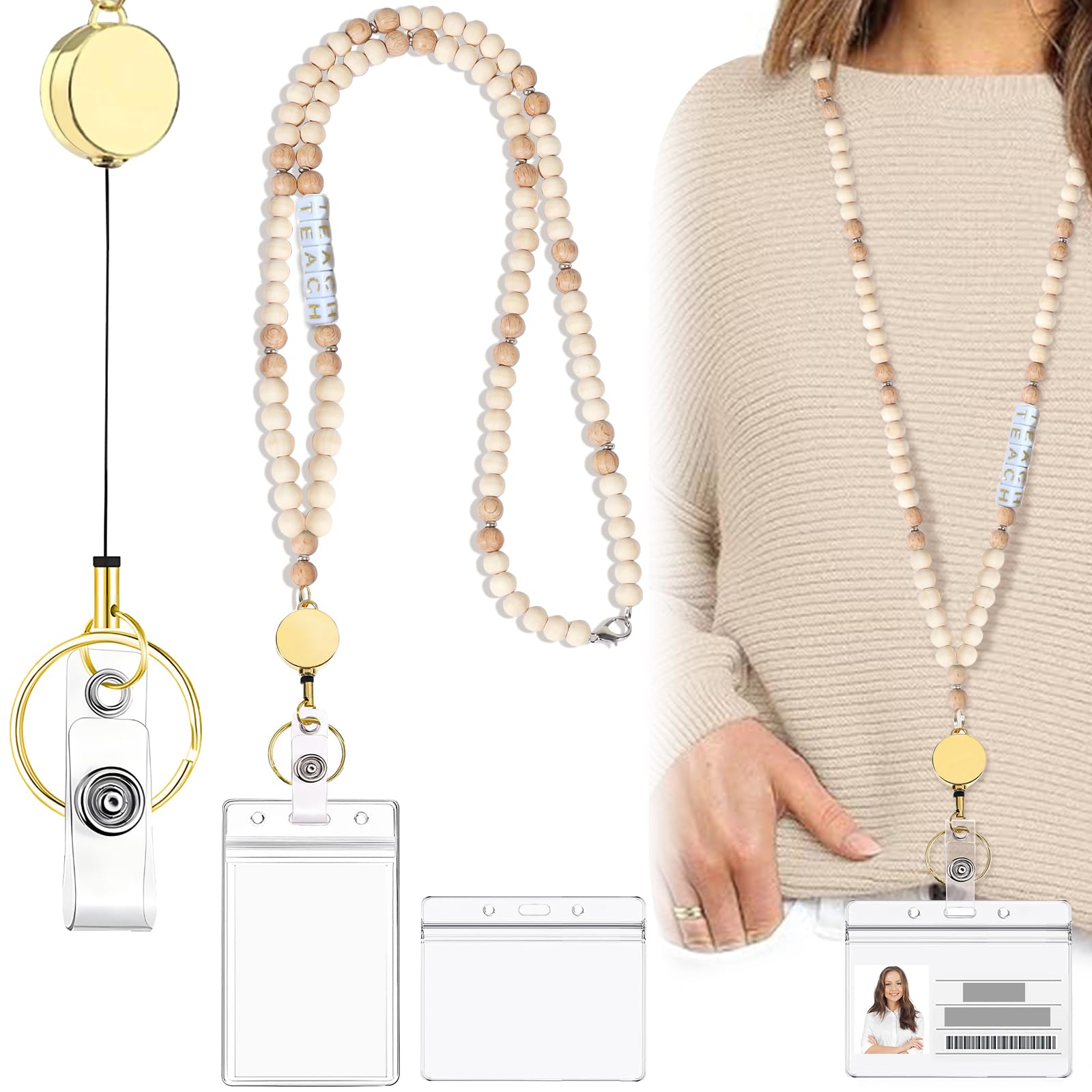 Wooden Beaded Lanyard with Id Holder Retractable Lanyards for Id Badges Keys Cruise Ship Cards - Gold-Teach