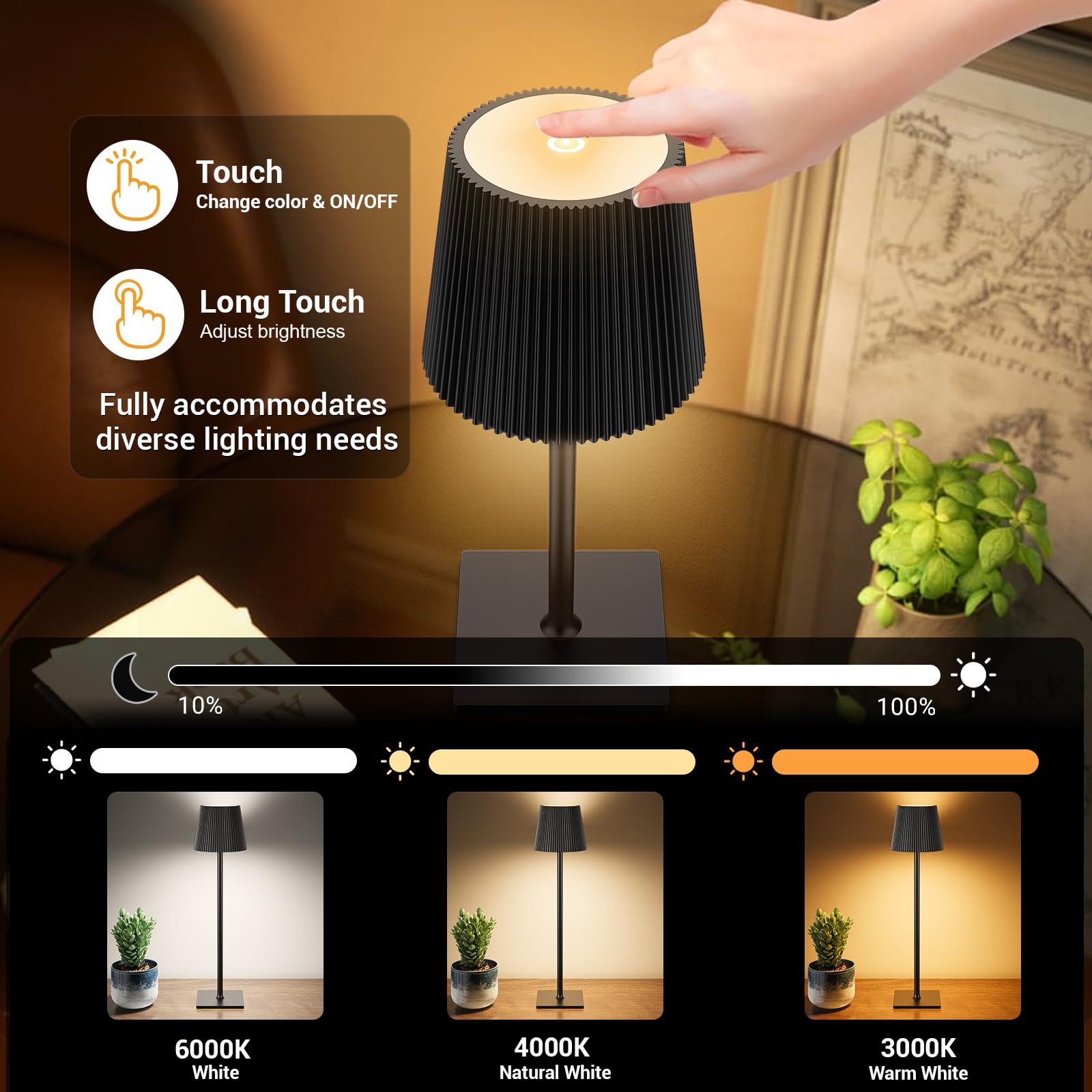 Lampara de Mesa LED Inalámbrica Lámpara de Mesa bateria Recargable con Tapón de Vino y USB-C, Lamparas Mesita Regulable para Restaurante, Dormitorio, Camping, Salon, Negro