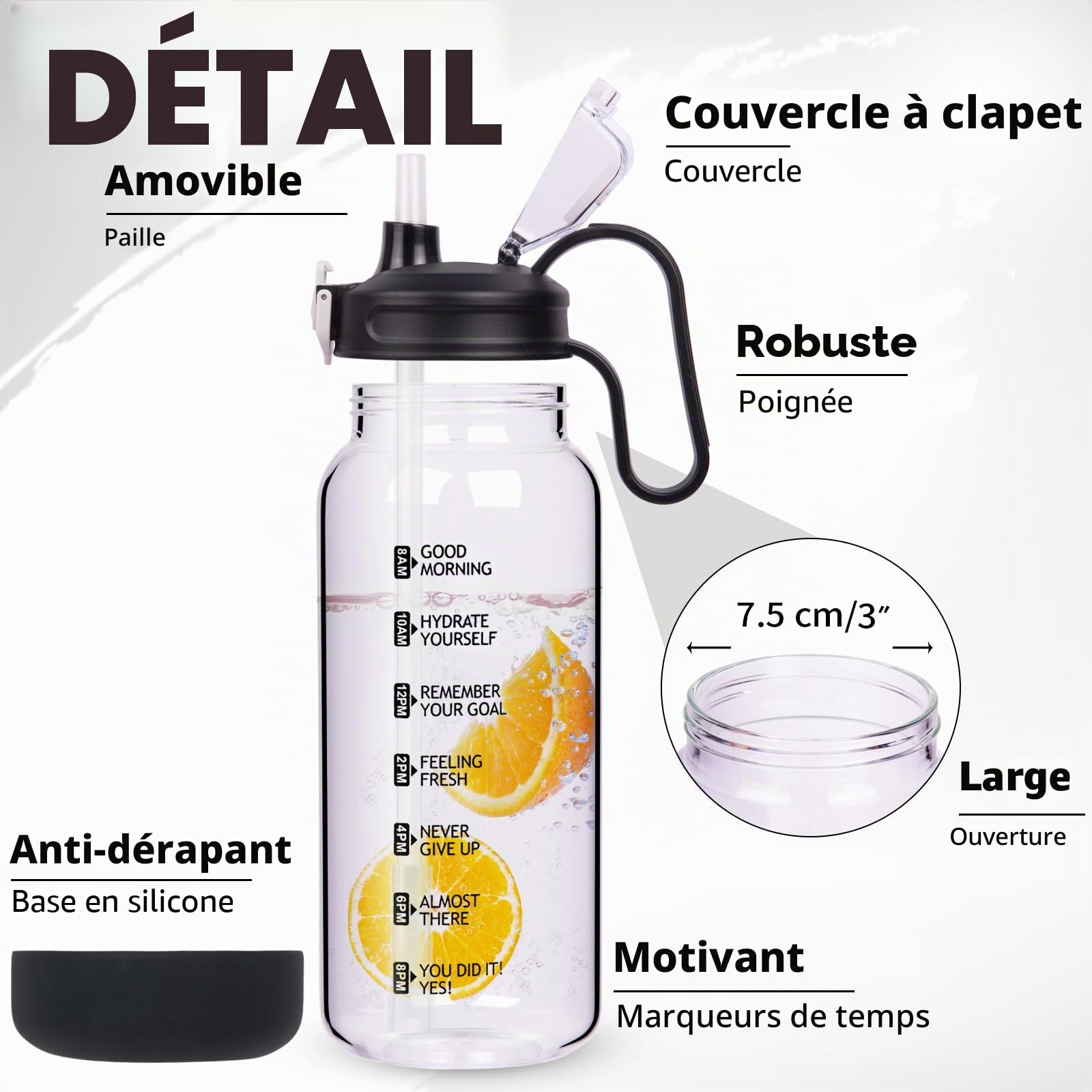2l Gourde Verre Motivation avec Paille et Marqueur de Temps 2 litres grand transparente Bouteille eau Verre Borosilicaté Carafe eau Pichet en Verre