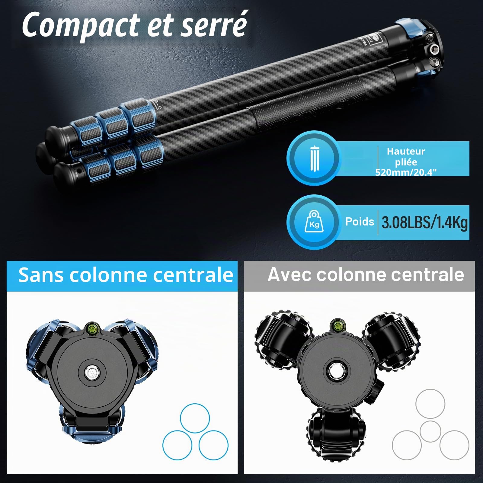 SIRUI AM-324 Trépied Professionnel pour Appareil Photo, 57'' Trépied Compact en Fibre de Carbone pour Appareil Photo, 4 Sections avec Tube de Diamètre Max. 32 mm, Charge Jusqu'à 39,8lbs/18kg
