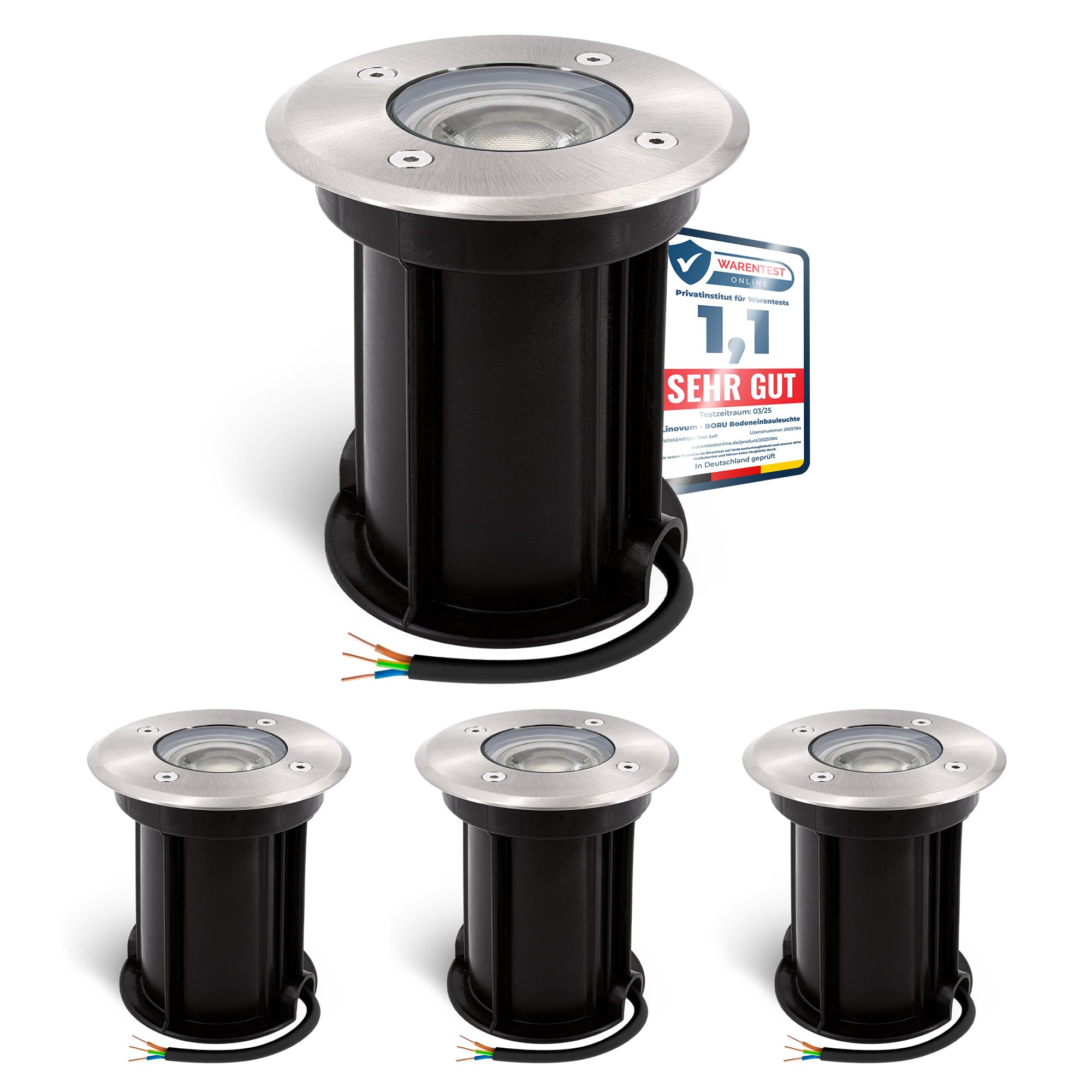 linovum Boru Set di 4 faretti da incasso a pavimento, IP67, con LED GU10, 2 W, luce bianca calda, 4 faretti da pavimento con cavo esterno 230 V, calpestabili Ø 110 mm
