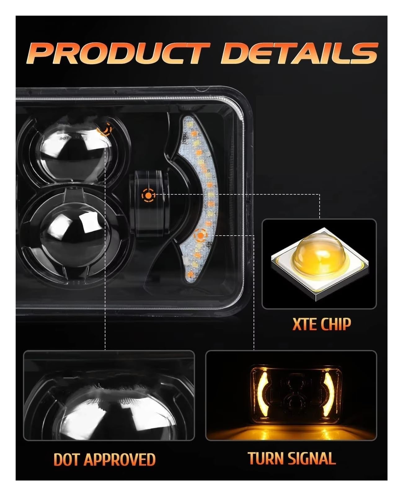 Faros Delanteros Faros Delanteros LED H4 80W, 4x6 Pulgadas, Proyector Luz Trabajo Haz Alto Bajo H4651 H4652 H4666, Conversión Camión Todoterreno FARO PRINCIPAL(2PCS)