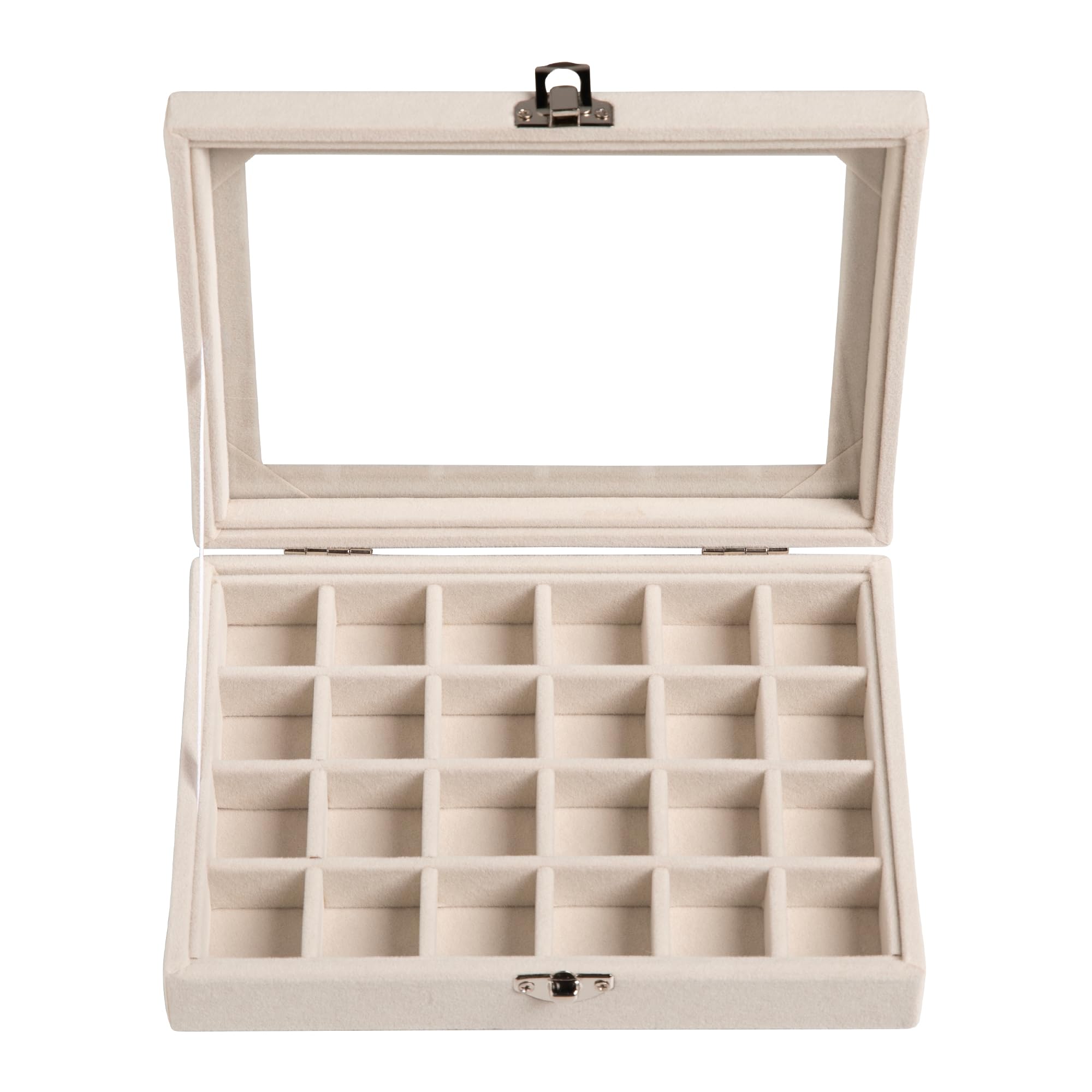 Frebeauty 24 Grid Jewelry Tray,Velvet Stud Earring Organizer,Small Jewelry Organizer with Clear Lid,Lockable Earring Holder Organizer Jewelry Boxes & Organizer Ring Holder for Women & Girls(Beige)