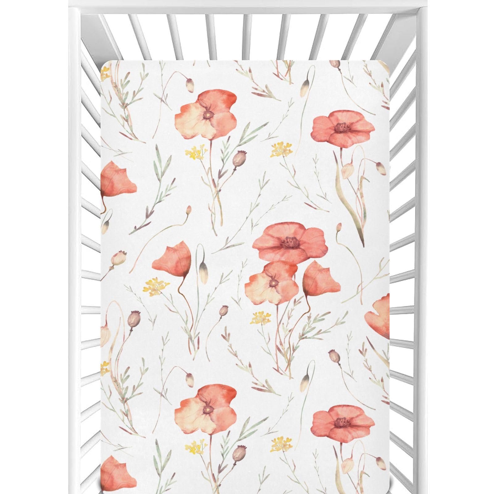 CaTaKu Poppies Woodland Mini Crib Sheets for Girls Boys Baby Mattress Sheets Fitted, Soft Toddler Nursery Bed Sheets Neutral 28"x 52"
