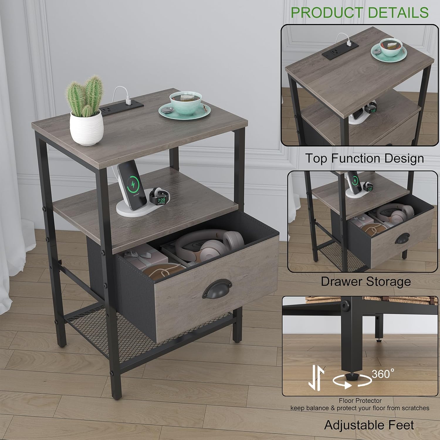 Nightstands Set of 2, Night Stands with Charging Station and Fabric Drawer, Grey Bedside Tables with Drawers, 2- Tier Side Table with Storage, Nightstands with Charging Station,Grey