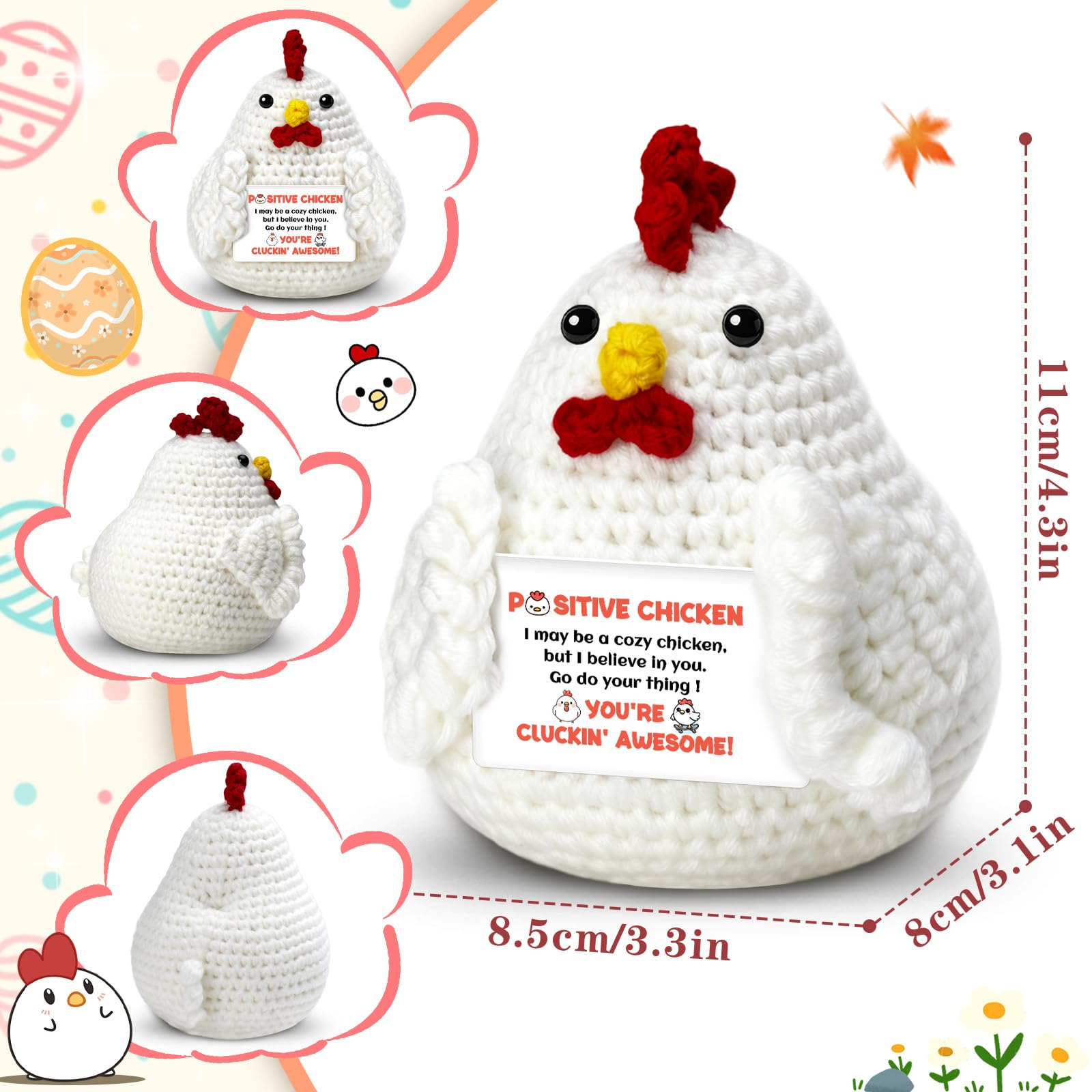 Chicken Gifts for Women, Emotional Support Crochet Chicken with Positive Card, Funny Chickens Lover Gifts, Chicken Stuffed Animal for Chicken Moms Friends Coworkers