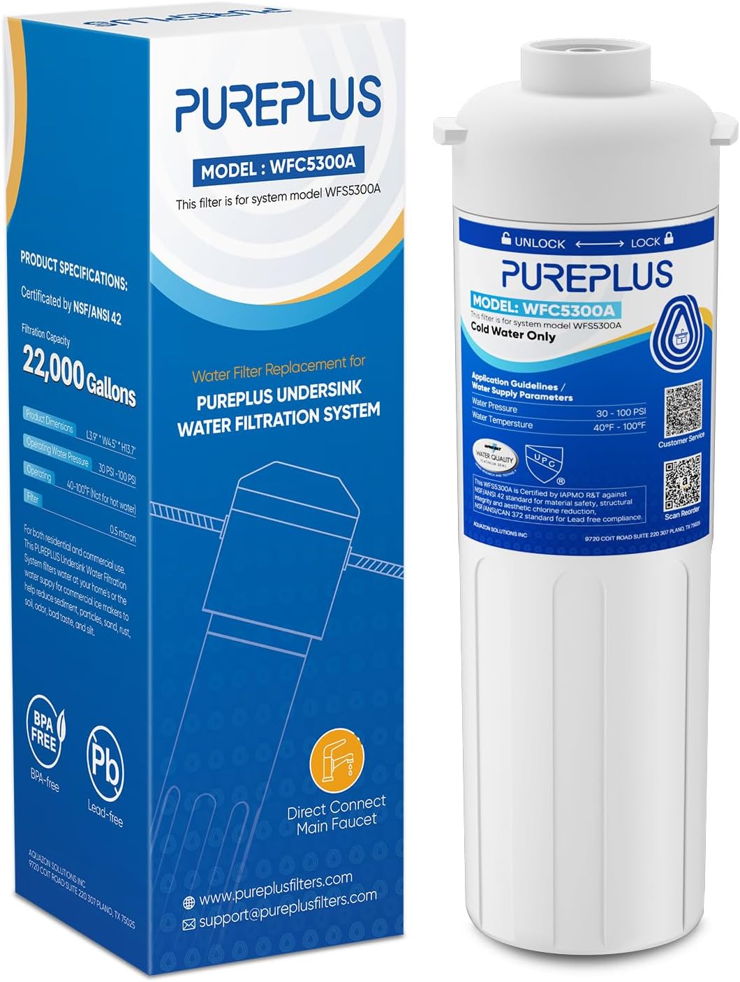 WFC5300A Under Sink Water Filter, 22000 Gallons, 99.99% Chlorine Reduction, NSF/ANSI Certified, Replacement for WFS5300A Under Counter Water Filtration System