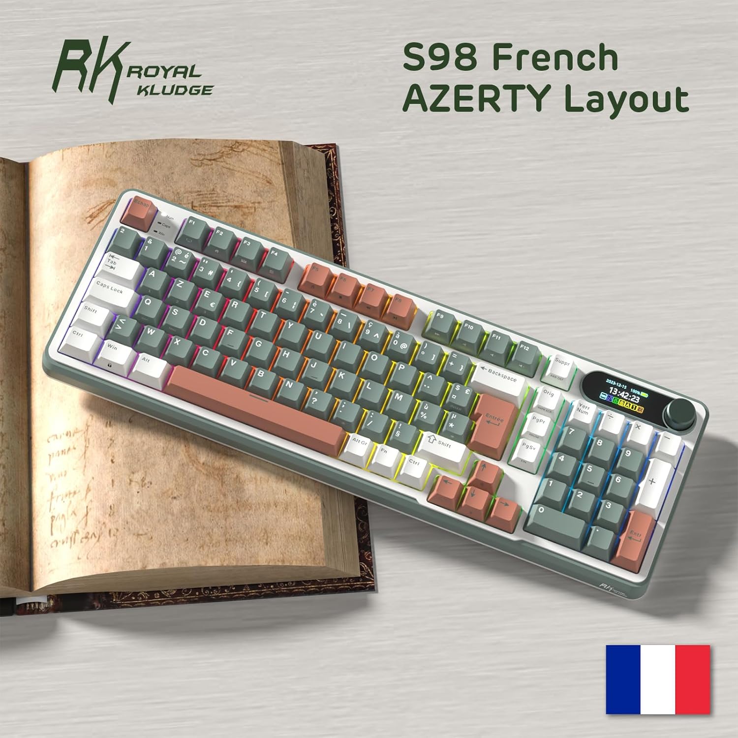 Test et avis du clavier mécanique RK ROYAL KLUDGE S98 FR, disposition 96% AZERTY avec écran intelligent personnalisable, connexions sans fil BT/2.4G et filaire USB-C, montage Top Mount, hot-swap, idéal pour gaming et productivité. — vue 7