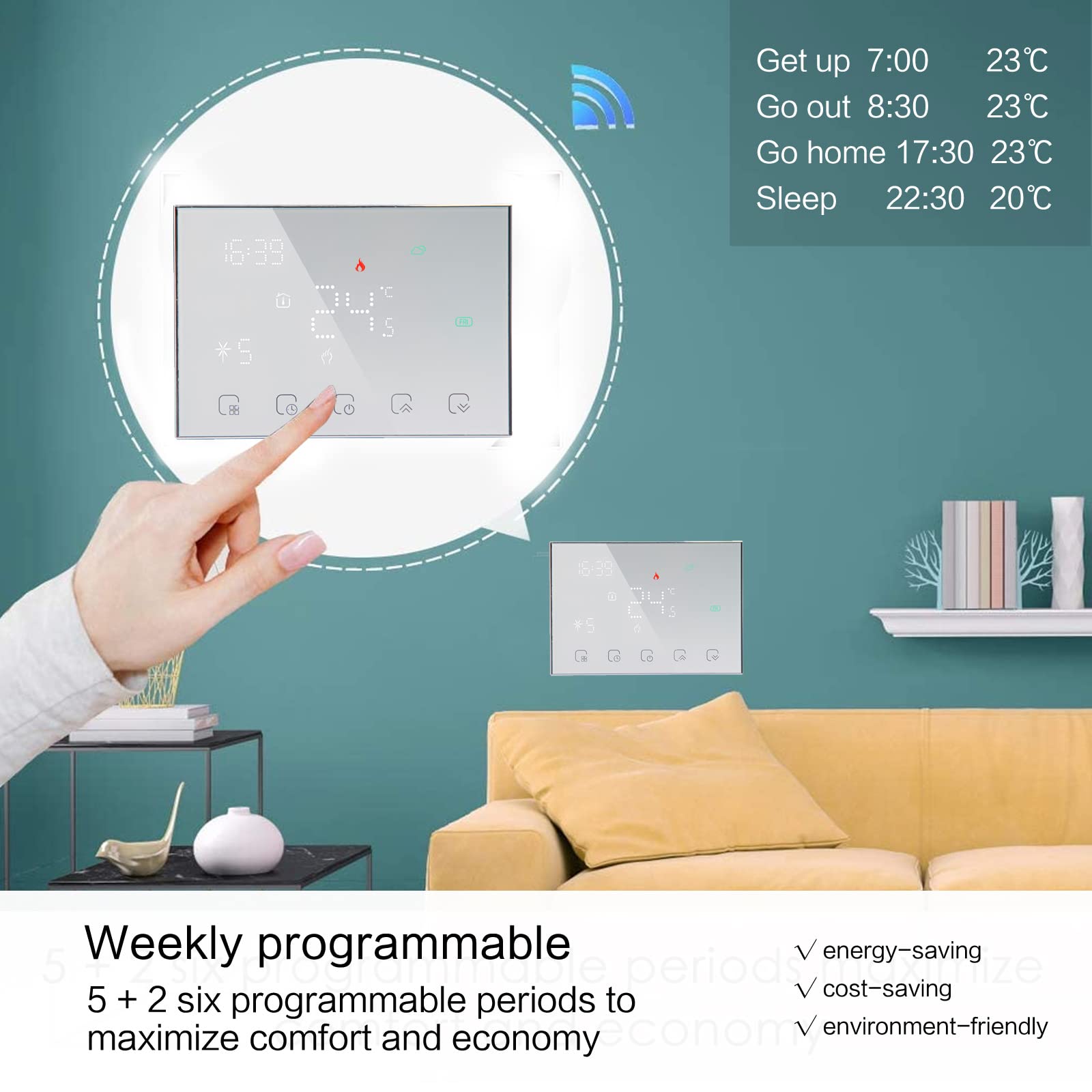 Inteligentny termostat RF Wifi do ogrzewania elektrycznego Programowalny termostat ścienny współpracuje z Alexa Google Home, wyświetlacz dotykowy bezprzewodowy regulator temperatury, bateria 2AA