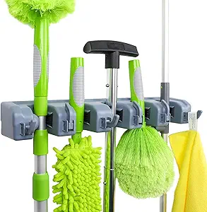 Amazon Basics Rectangular Heavy Duty, Wall Mount Storage Broom, Mop Holder or Tool Organizer with Hooks and Slots for Home, Garage, Garden, Laundry, or Kitchen, 2.36 x 16.9 x 3.35 in, Gray