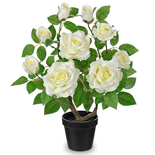 Artificial Rose Flowers Potted Plant - 17.7" Small Fake Cream