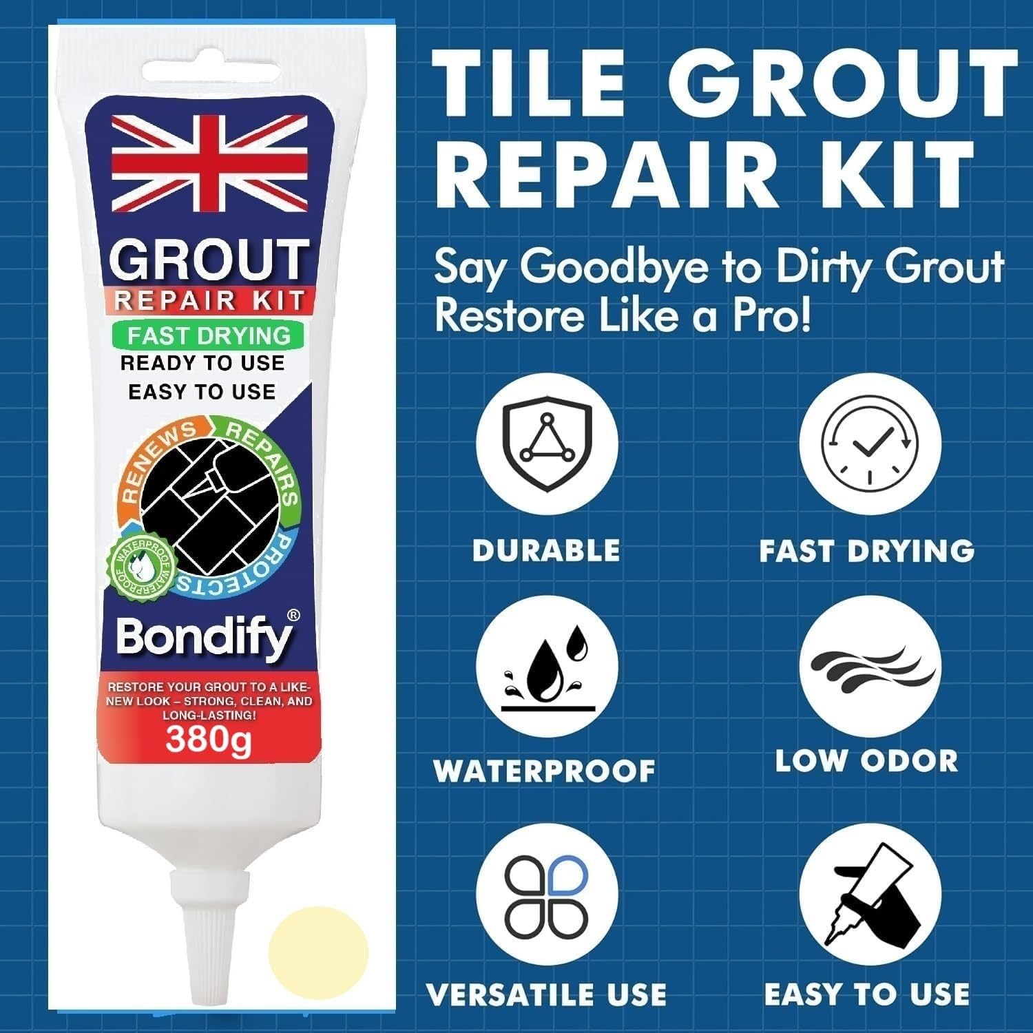 Kit Riparazione Fughe Piastrelle Crema, Asciugatura Rapida 380g ANTI-MUFFA Tubetto Stucco per Piastrelle Bagno & Doccia, Cream Grout Repair Kit, Stucco per Fughe Pavimento Sigillante per Malta