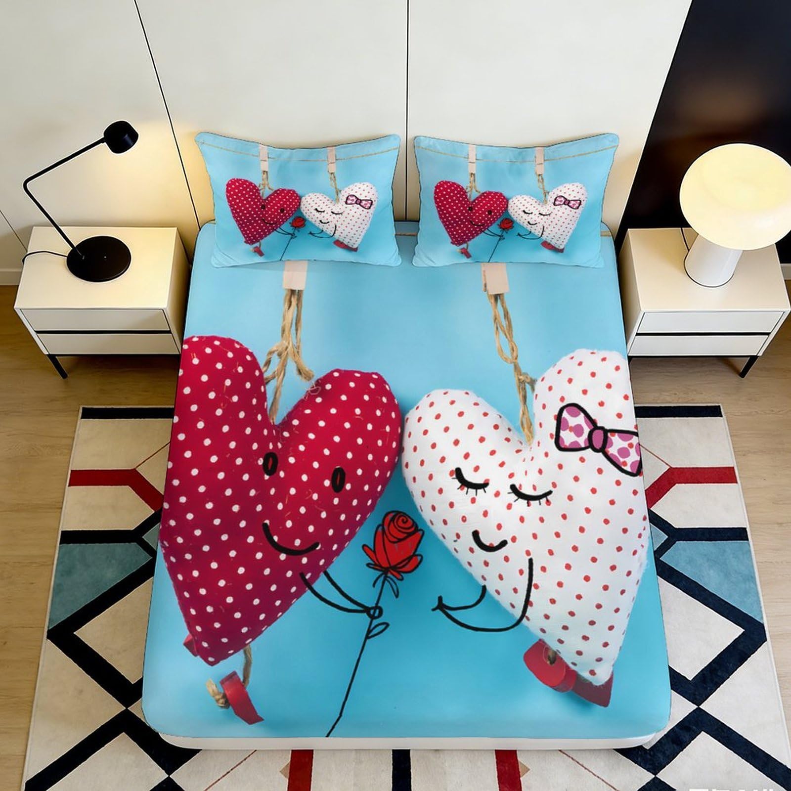 3D Printed Red Polka Dot Heart Fitted Sheet Microfiber Cute Couple Romantic Bed Cover for Bedroom Guest Room Decor 90x200x25cm