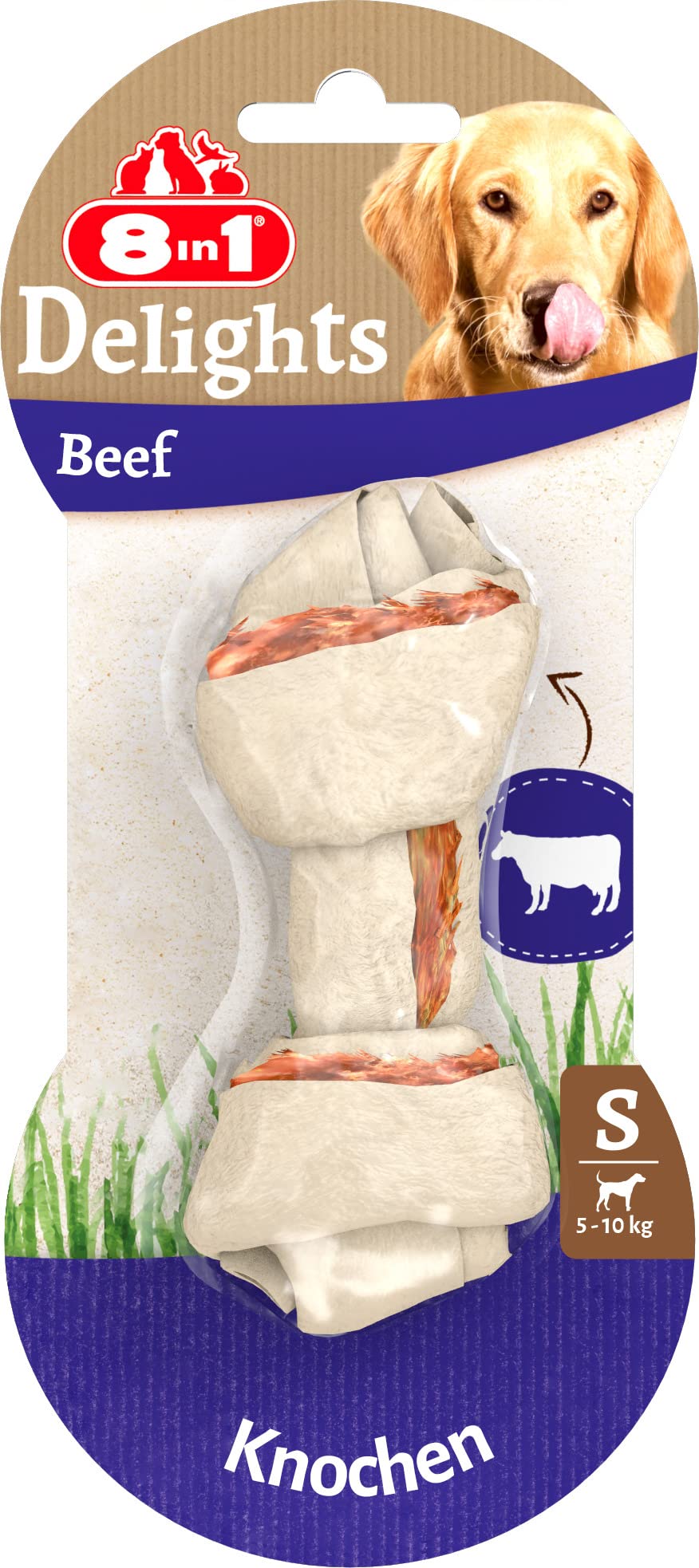 8in1 Delights Beef Knochen S - gesunder Kauknochen für sensible kleine Hunde, hochwertiges Rindfleisch eingewickelt in Rinderhaut, 1 Stück