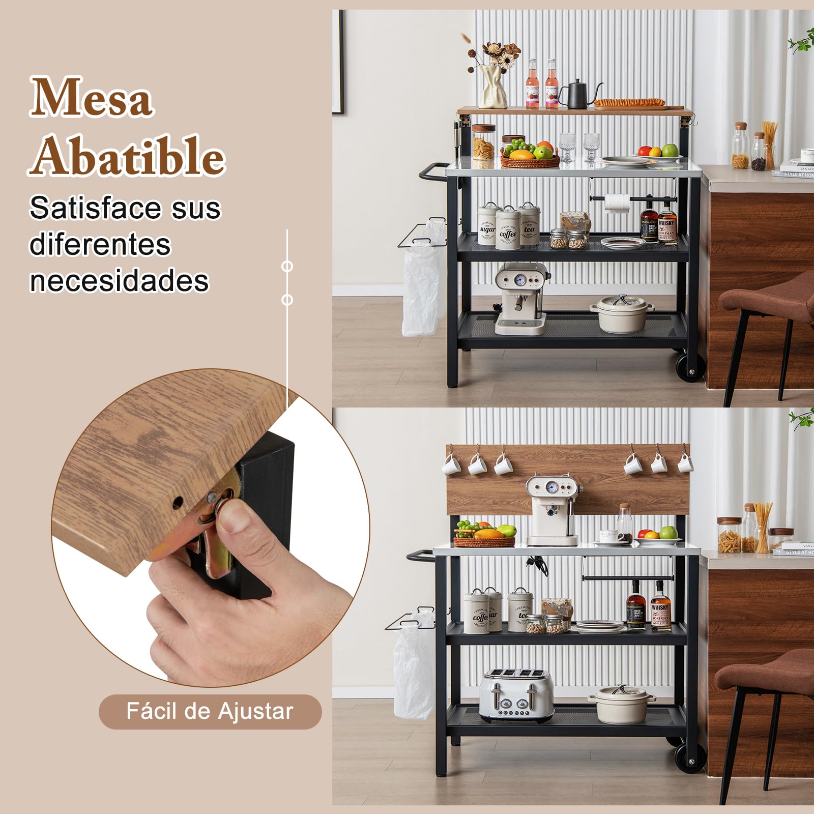 COSTWAY Carrito de Barbacoa de 3 Niveles, Mesa de Barbacoa con Estante y Asa Plegable, Ganchos, Soporte para Toallas de Papel y Bolsas de Basura, Carrito de Servicio, 116 x 55 x 130 cm