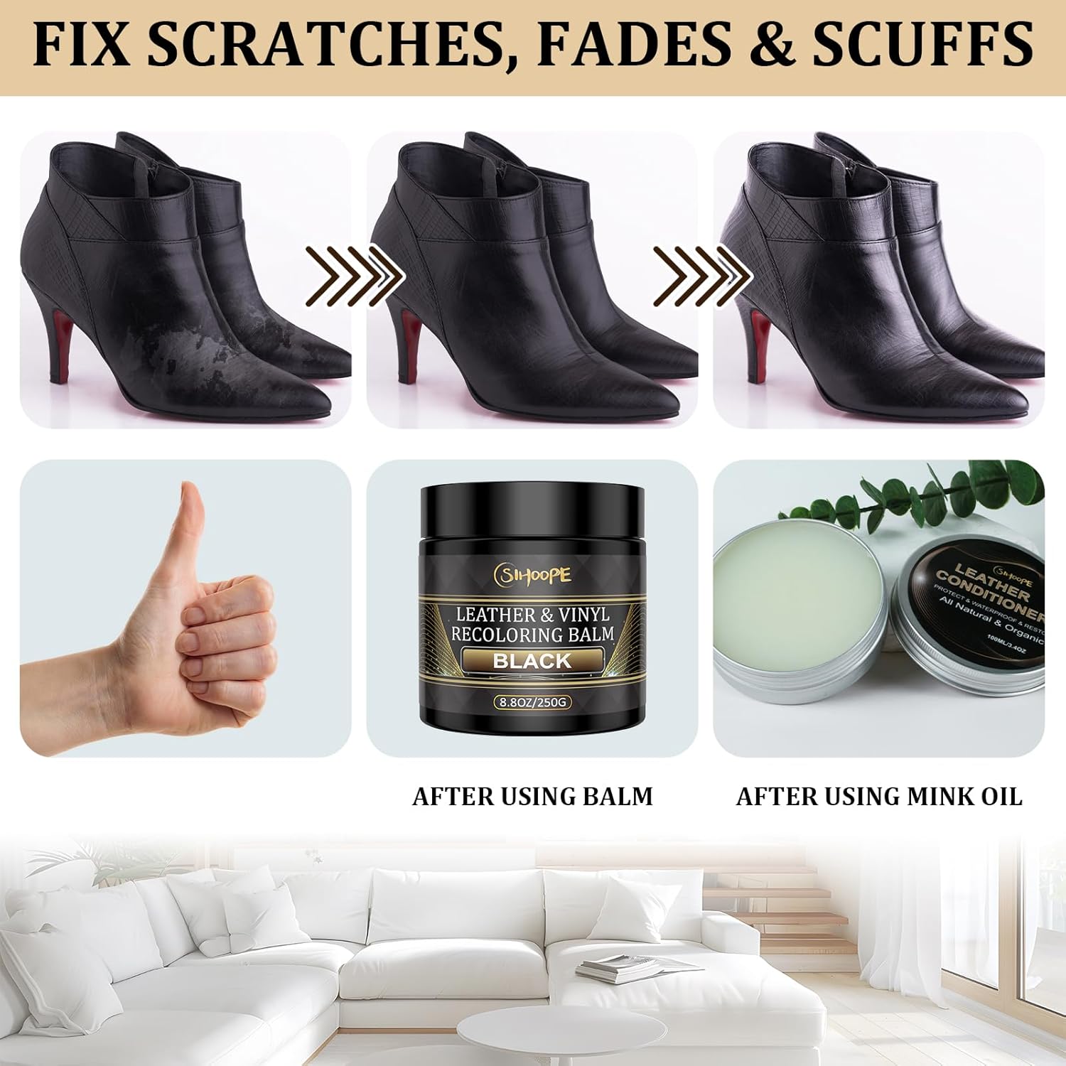8.8oz Leather Recoloring Balm with 100ml Mink Oil,White Leather Repair Kit for Furniture,Leather Repair Cream,Leather Scratch Repair for Car Interior,Leather Conditioner for Couch - Image 4