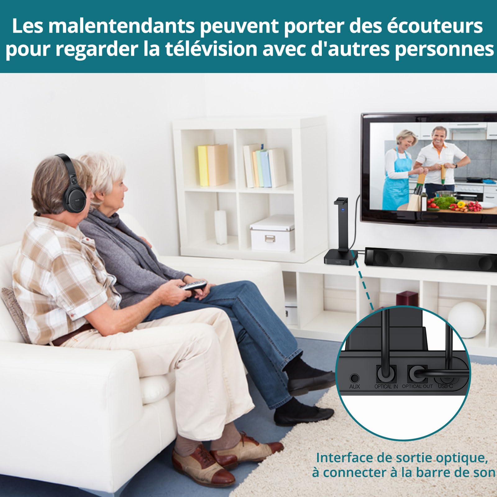 Casque sans Fil pour Télévision avec Station de Charge Émetteur RF 2,4 GHz Casque Supra-auriculaire avec Câble Optique à 3.5mm, Portée de 30 mètres et Batterie Rechargeable