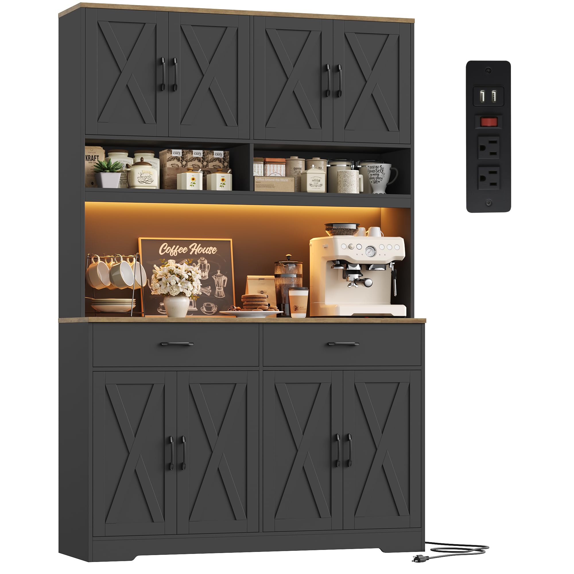HOSTACK Modern Farmhouse Pantry Cabinet in black, fully assembled and styled in a kitchen setting.