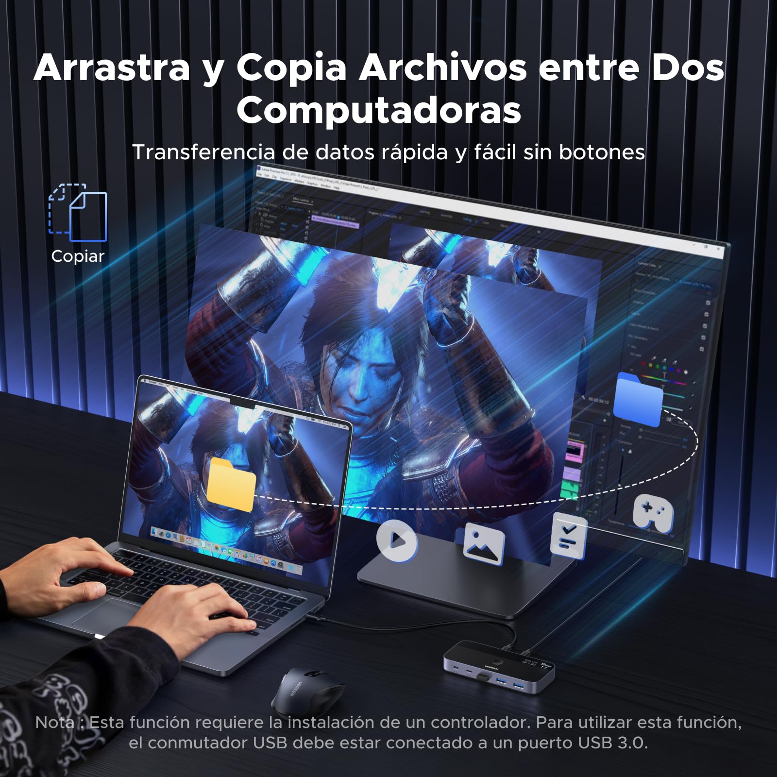 UGREEN Switch USB C 3.2 10Gbps Comutador KVM Puertos para 2 PC Entradas 4 Salidas Sincronización de Archivos para Teclado Ratón con Controlador del Escritorio e Incluye Cables