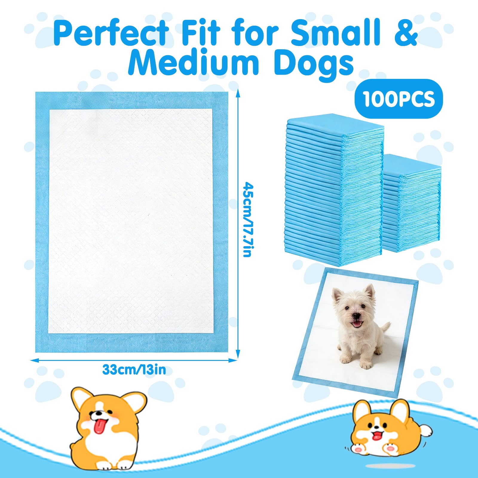 100 Pièces Alèses d'apprentissage pour Chiot, 33x45cm Tapis Absorbant Chien, avec 5 Couches de Conception Etanche, Capable D'absorber Rapidement l'humidité pour Prévenir Les Fuites