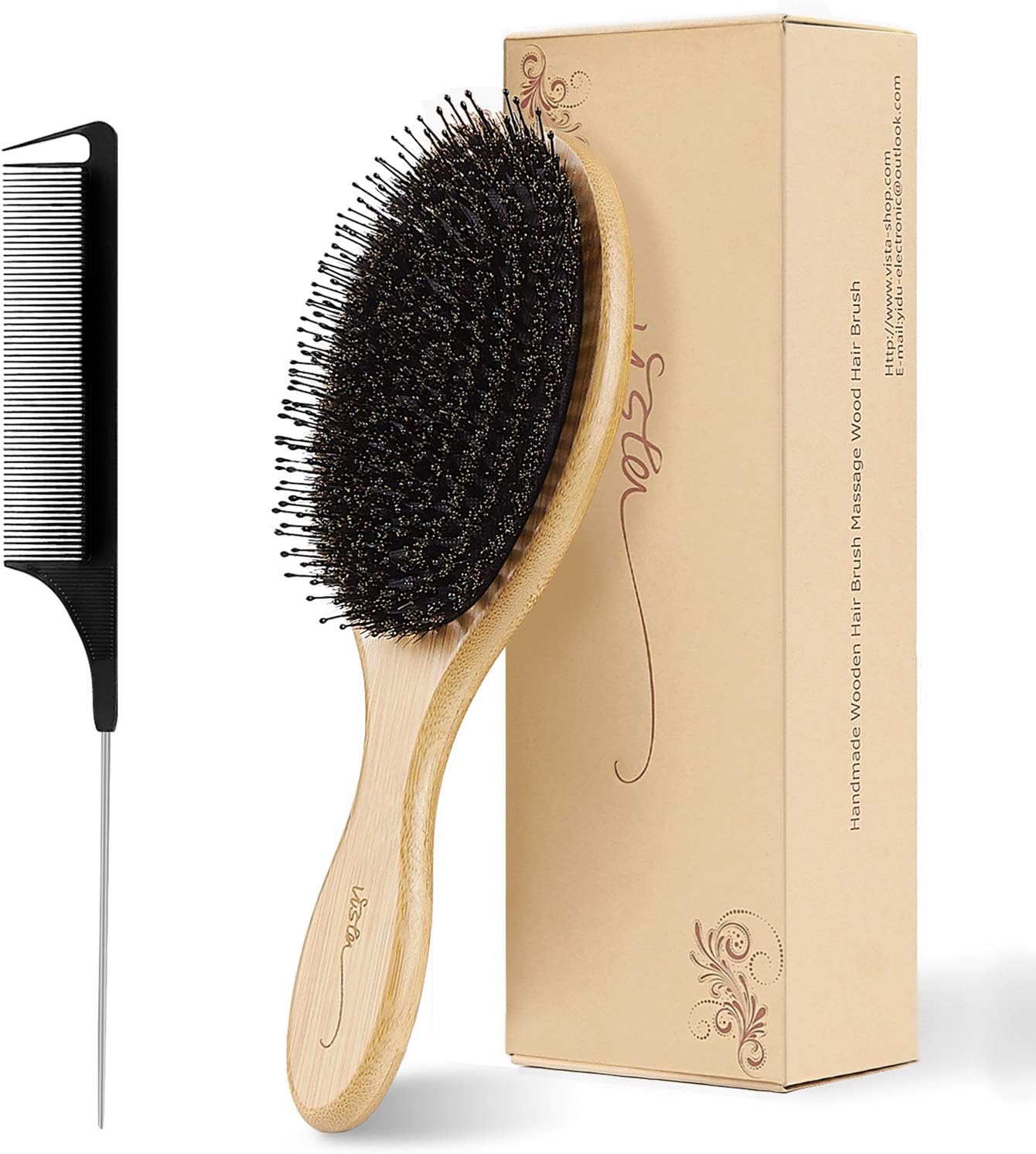 Vista Spazzola Setole Cinghiale Naturale con Manico in Bambù Spazzola per Capelli Professionale e Pettine Capelli a Coda di Metallo per Capelli di Spessore Normale o Medio